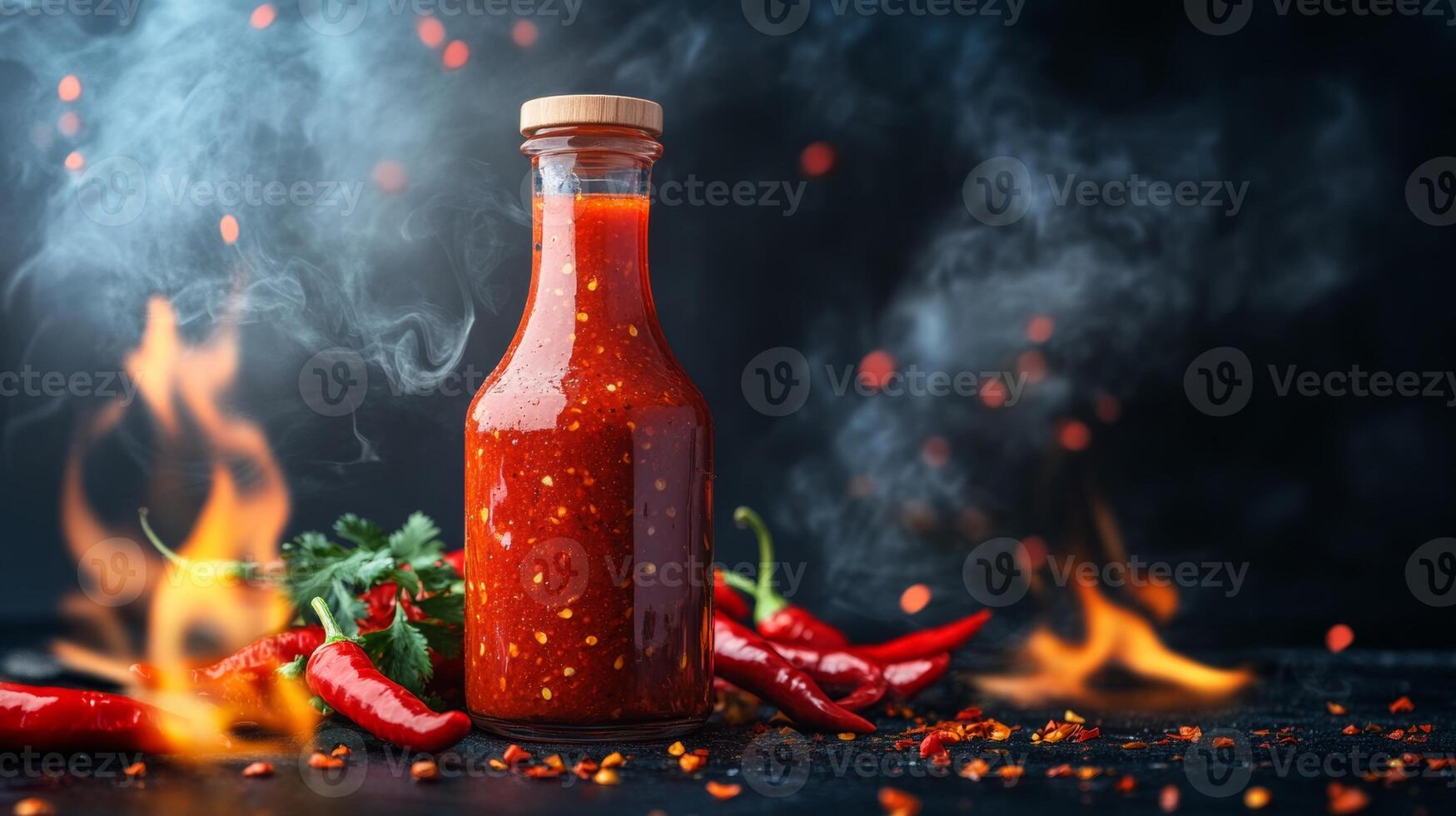Vibrant chili sauce bottle surrounded by fresh peppers and spices amidst a smoky atmosphere in a dark setting photo