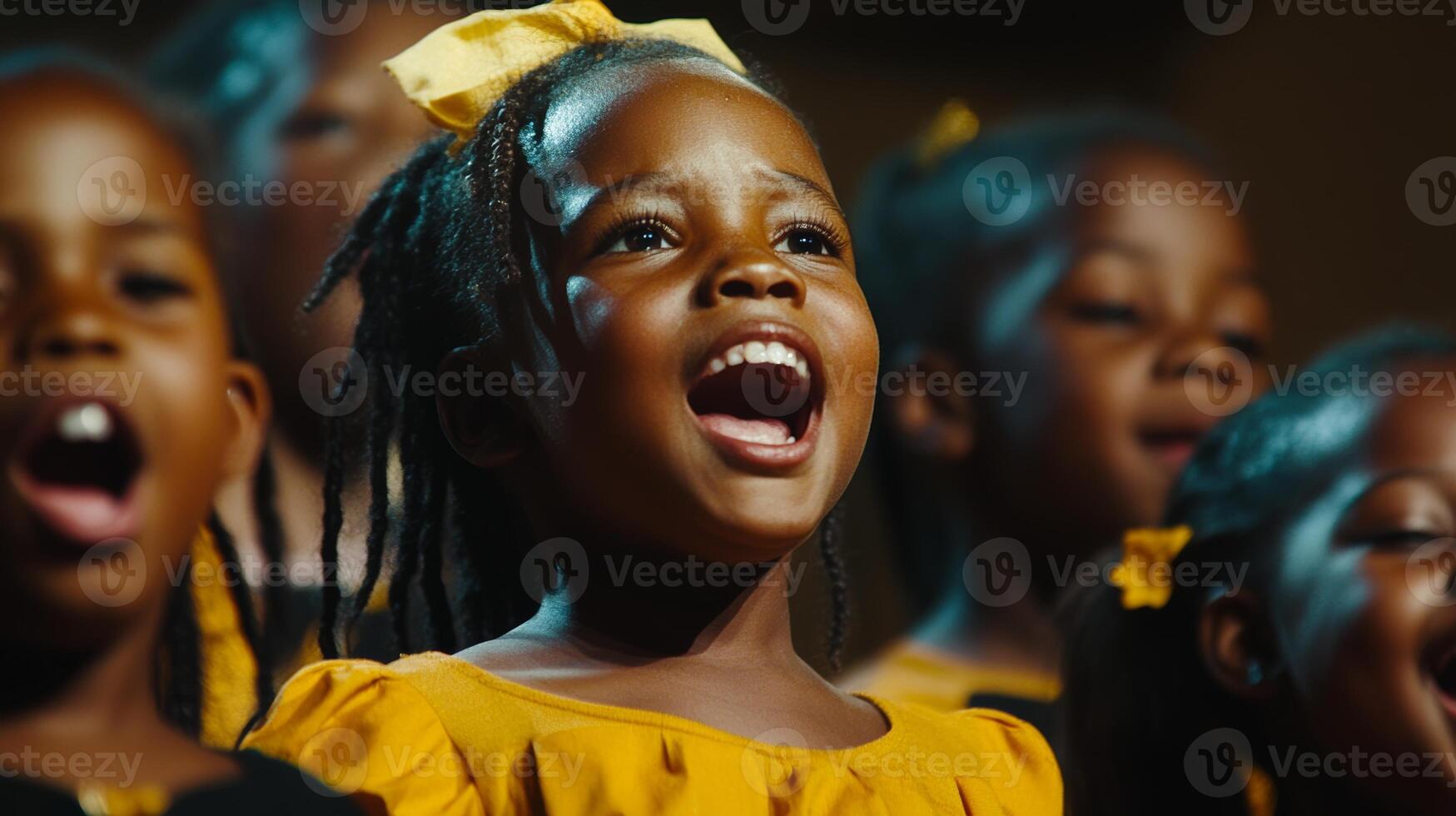 Children perform together joyfully on stage during a vibrant community event in the evening light photo