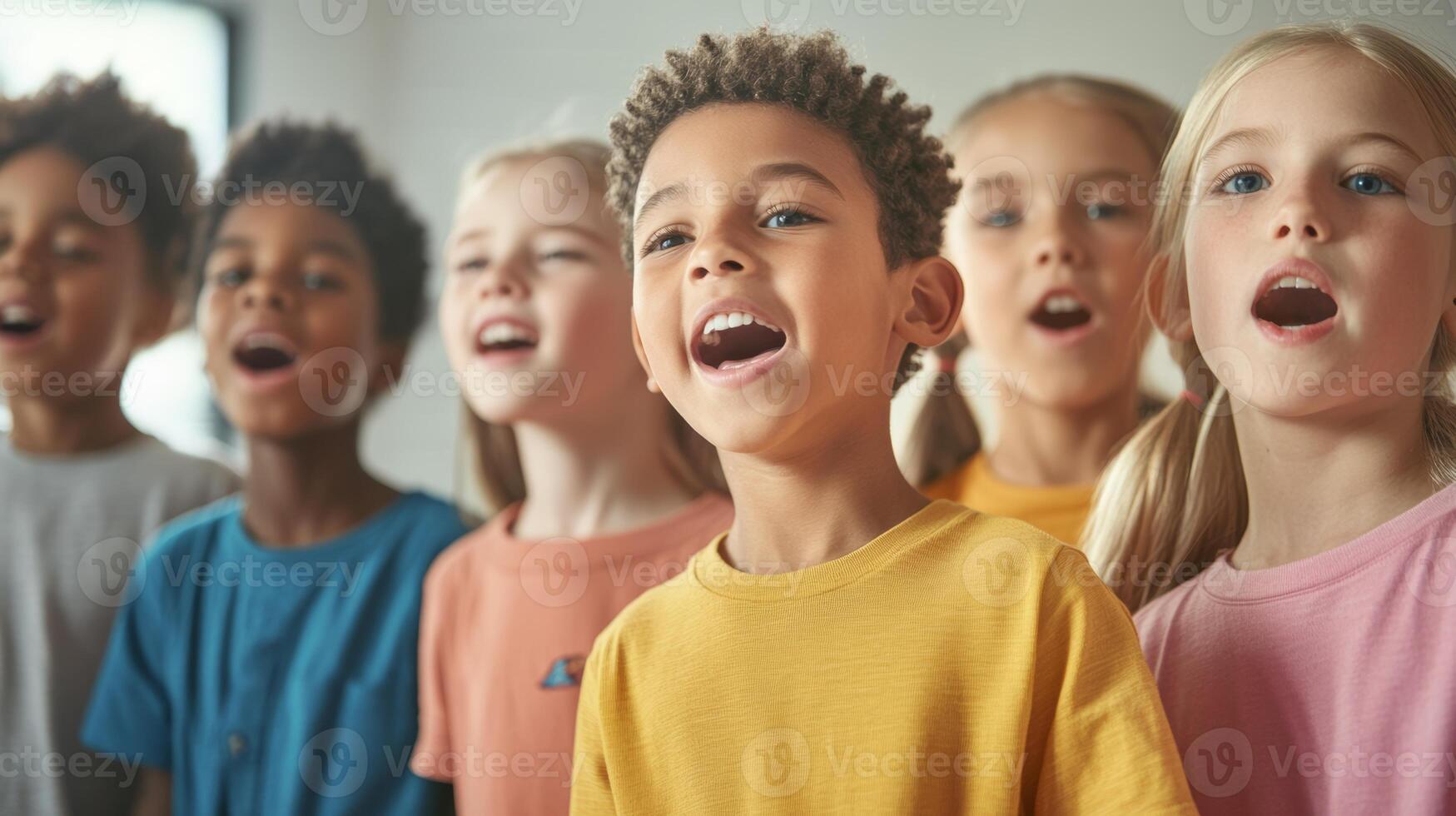 Children enthusiastically singing together during a music class session in a bright, modern classroom environment photo