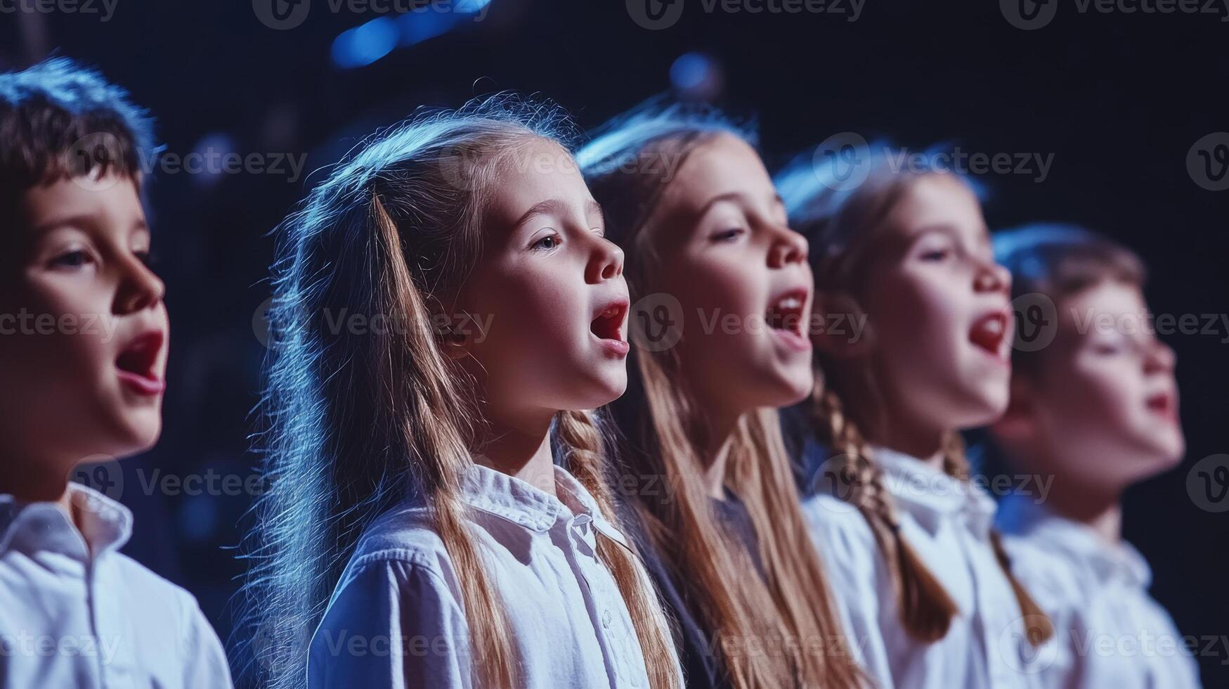 Children singing joyfully in concert performance on stage during evening event with bright lights photo