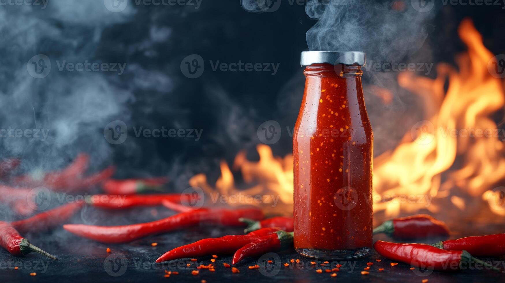 Spicy chili sauce bottle surrounded by fresh red chilies and smoke against a dark background photo