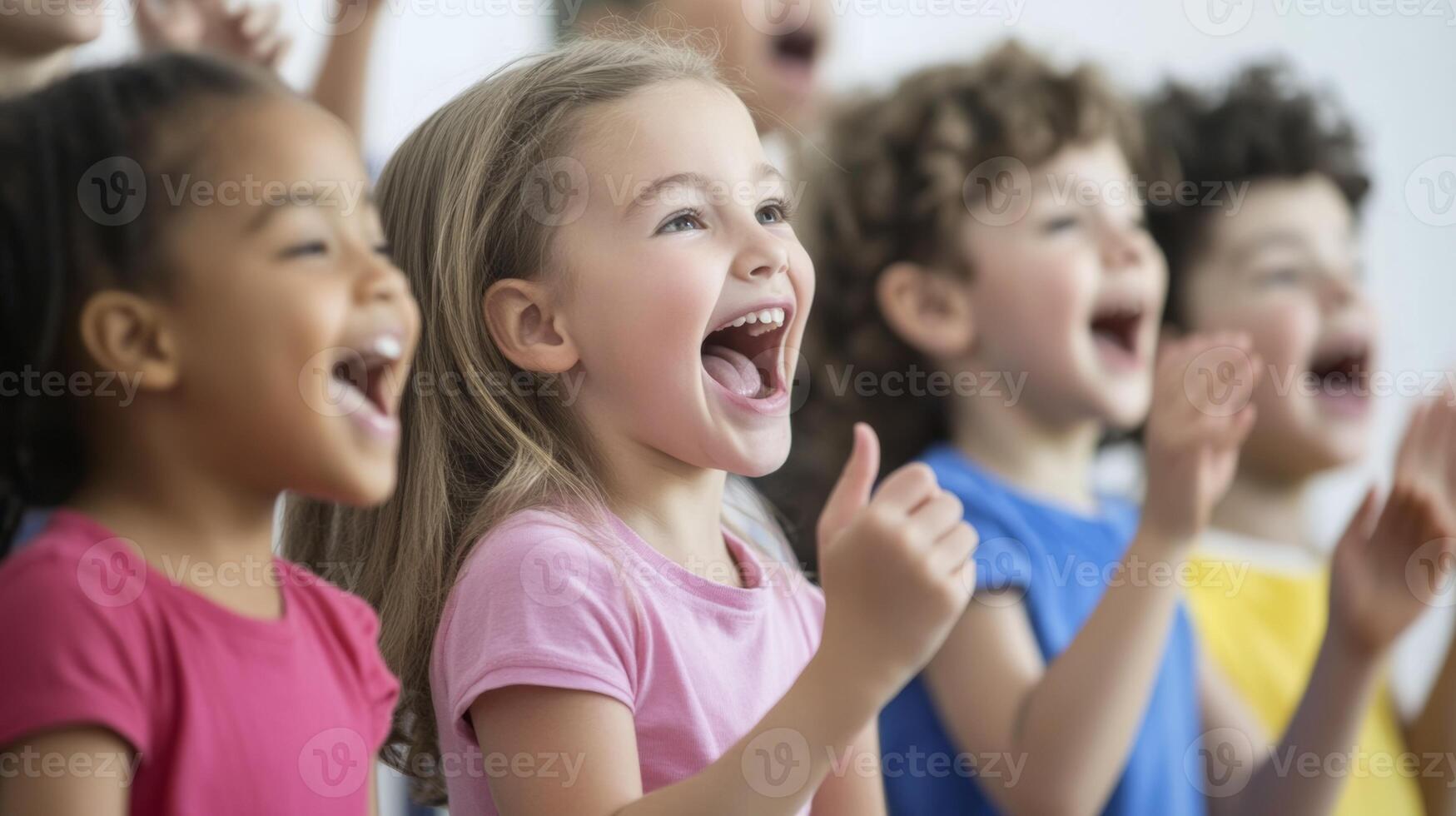 Group of children joyfully singing and clapping during a performance rehearsal in a bright classroom setting photo