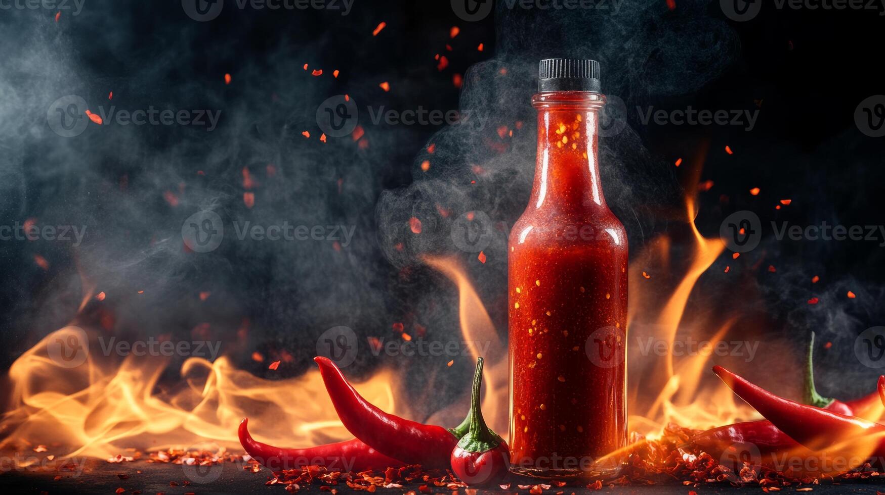 Bold hot sauce bottle surrounded by fresh peppers and flames creating a dynamic culinary display photo
