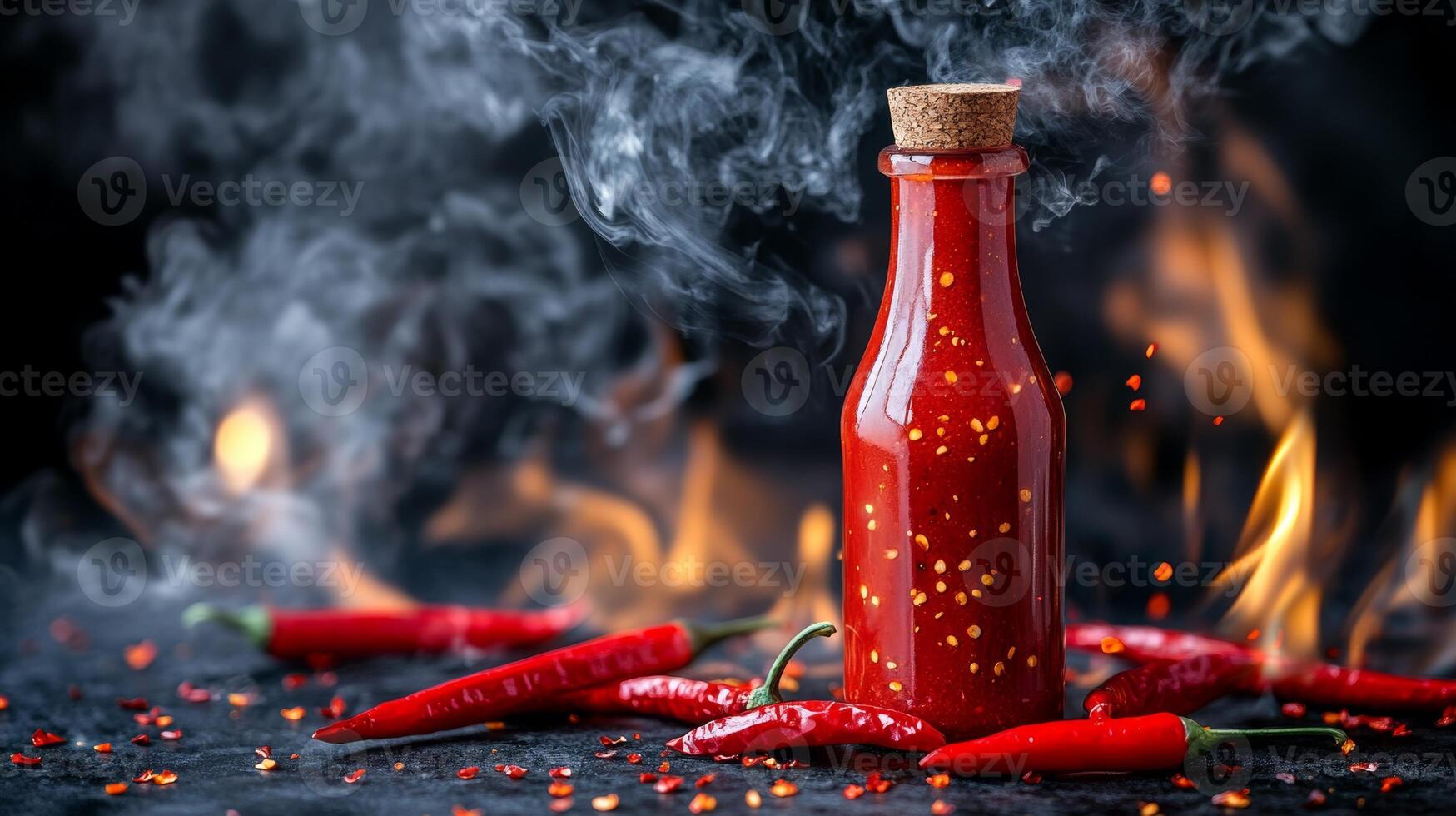 Spicy red chili sauce bottle surrounded by fresh chilies and smoke on a dark surface photo