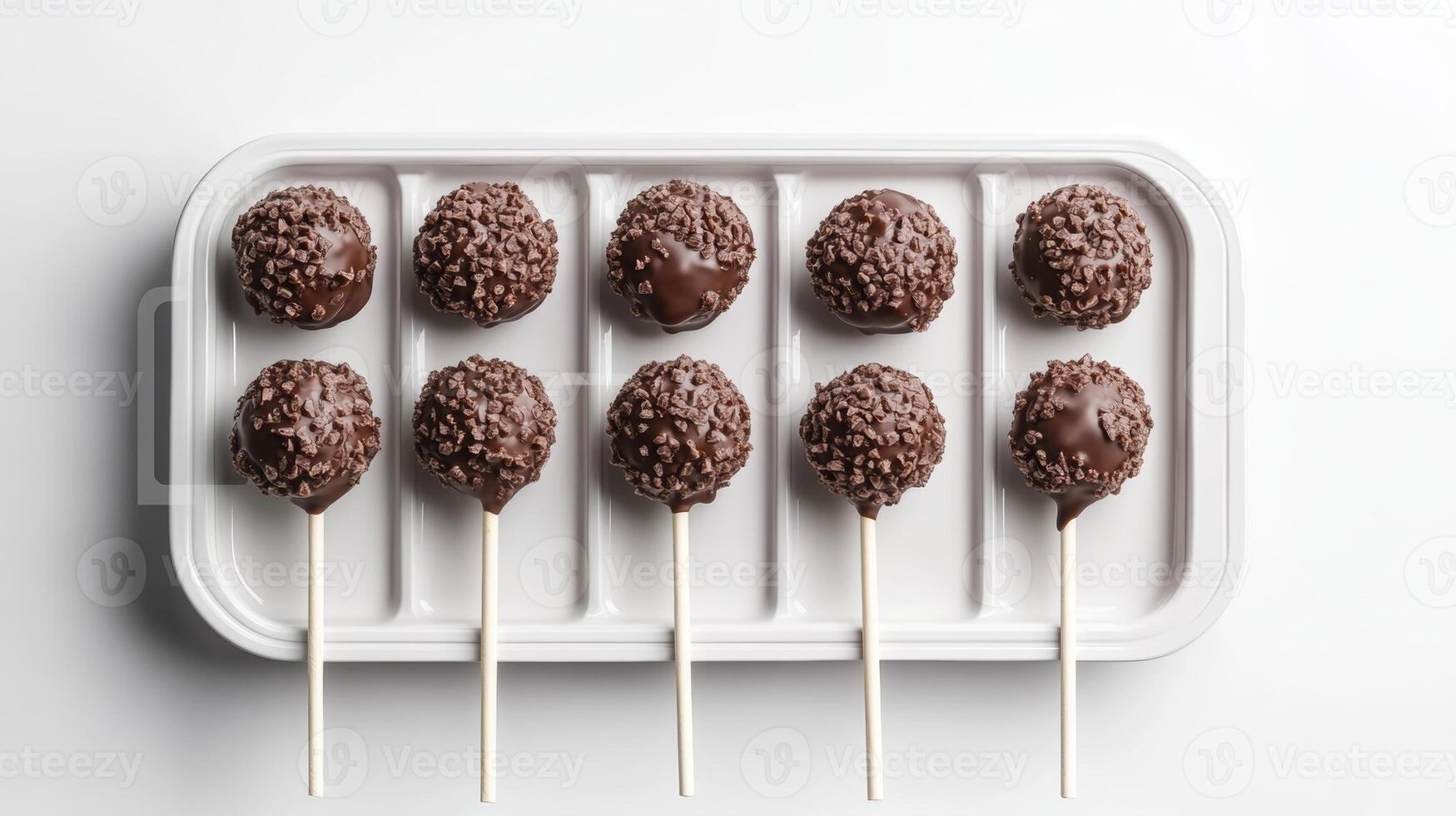 Chocolate coated cake pops arranged neatly on a white tray ready for a party or celebration photo
