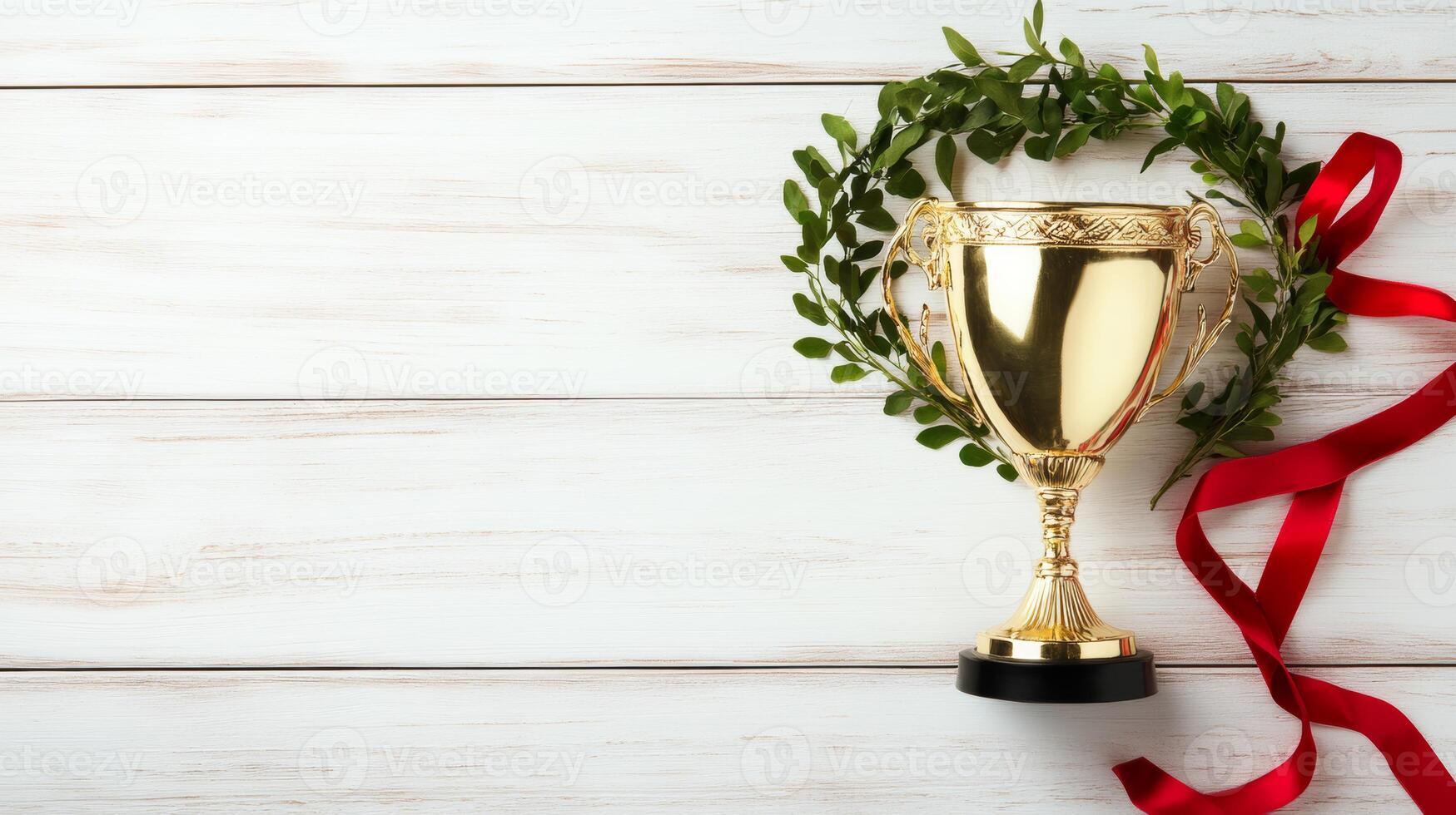Golden trophy adorned with a laurel wreath and red ribbon on a wooden background, symbolizing achievement and success, award concept photo