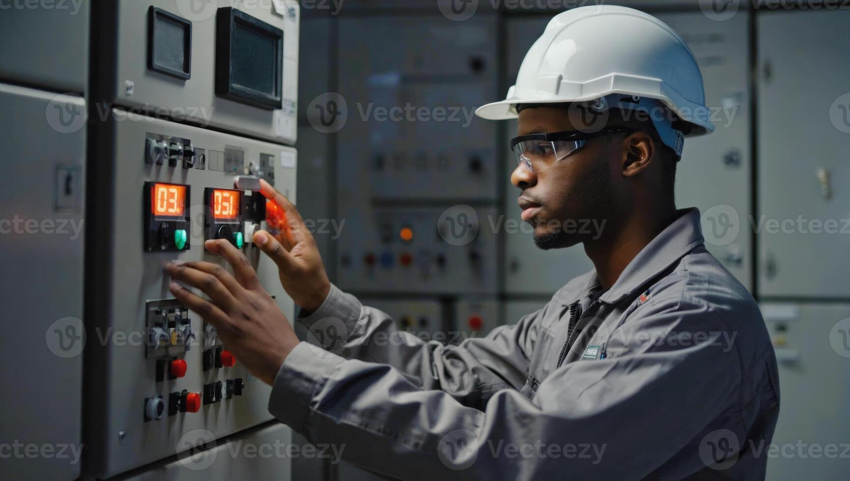 Technician adjusts control panel settings in an industrial facility during nighttime operations photo