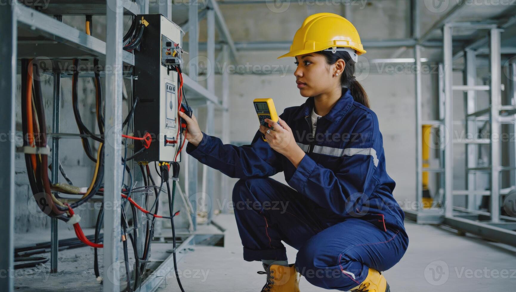 Skilled electrician working on electrical panel in construction site during daylight hours photo