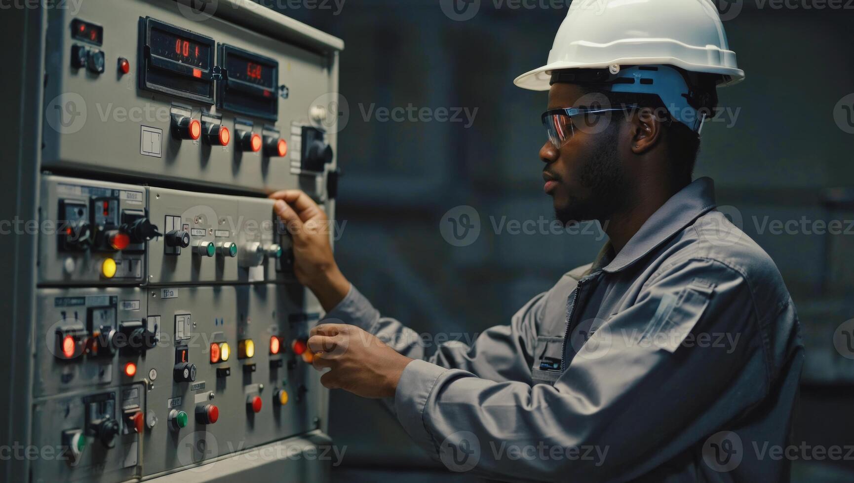 Control room operator adjusting machinery settings during night shift at an industrial facility photo