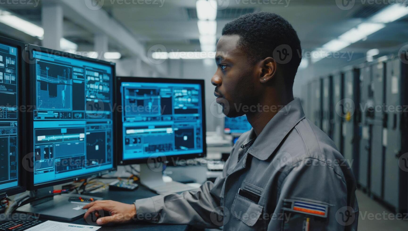 Young technician working intently at multiple computer screens in a modern control room photo