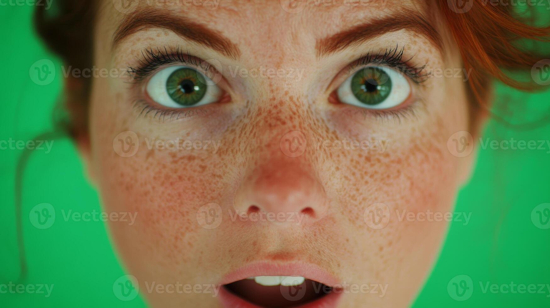 Expression of surprise captured with vibrant green background in close-up portrait photo