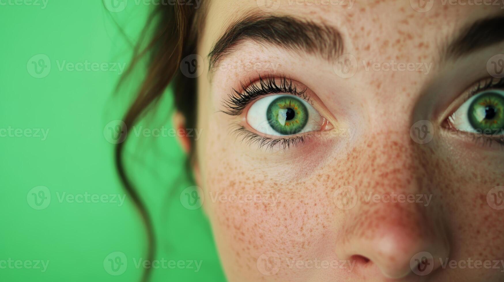 Close-up of green eyes with freckles against a vibrant green background capturing a moment of surprise photo