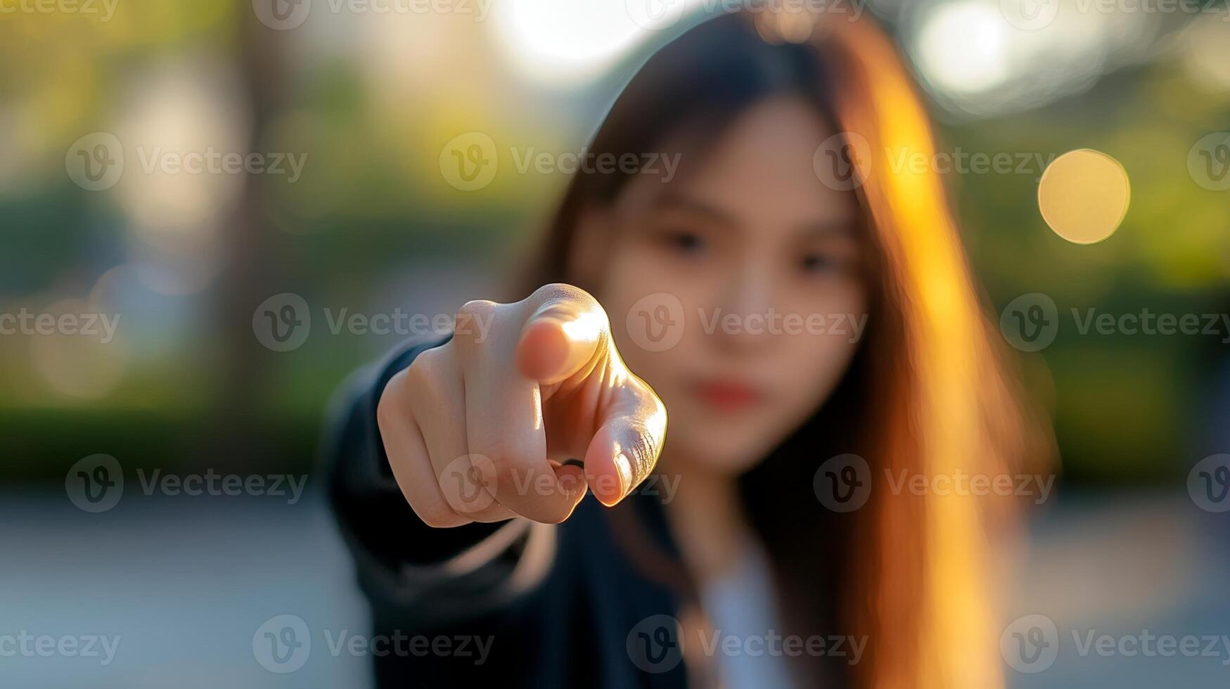Woman pointing decisively in a park during the golden hour of evening light photo
