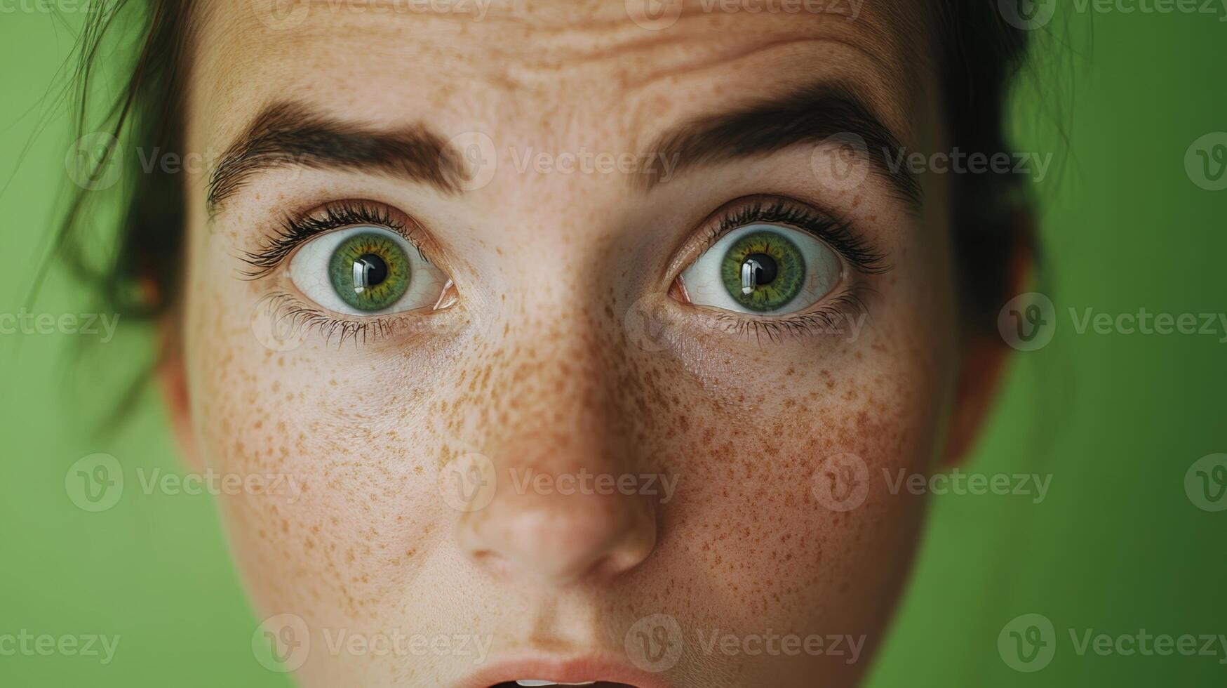 Freckles and wide eyes express surprise against a vibrant green background during daylight hours photo