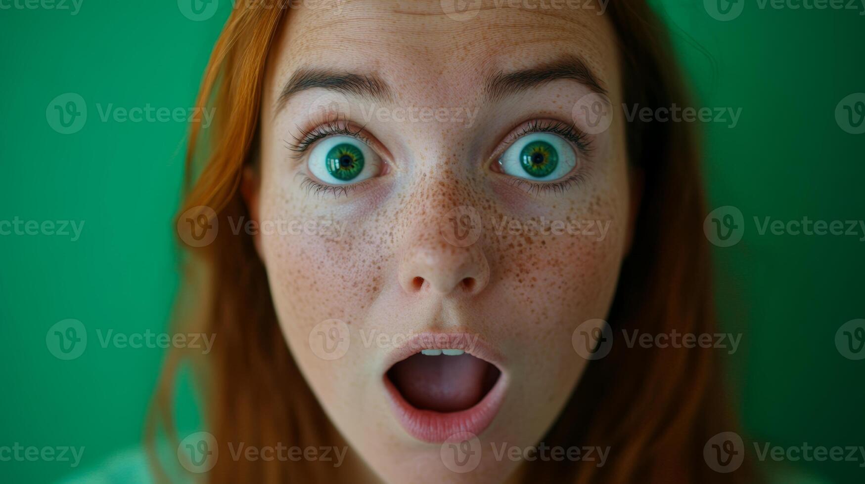 Surprised woman with vivid green eyes and freckled skin against a solid green background expressing shock and astonishment photo