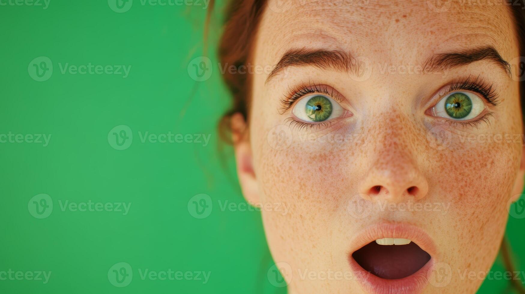 Surprise expression captured against a vibrant green background during daylight hours photo