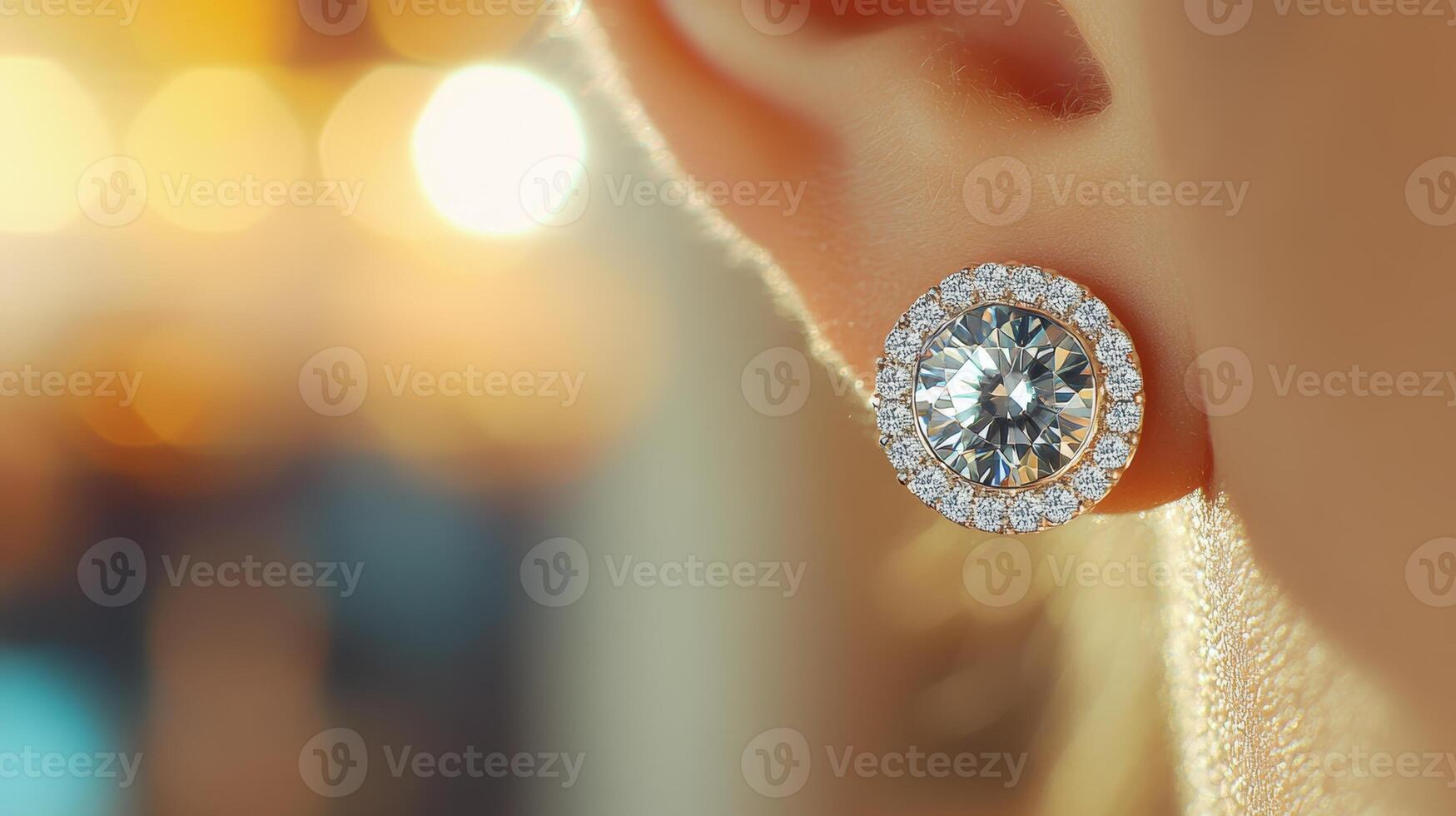 Elegantly designed diamond stud earring showcased in a bright, blurred background for a luxurious aesthetic photo