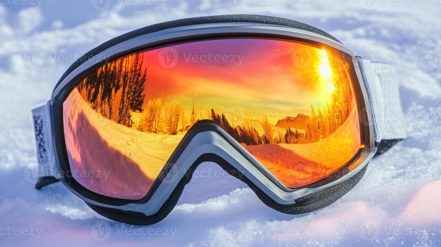 Reflective ski goggles resting on the snow at sunset in a mountain landscape photo