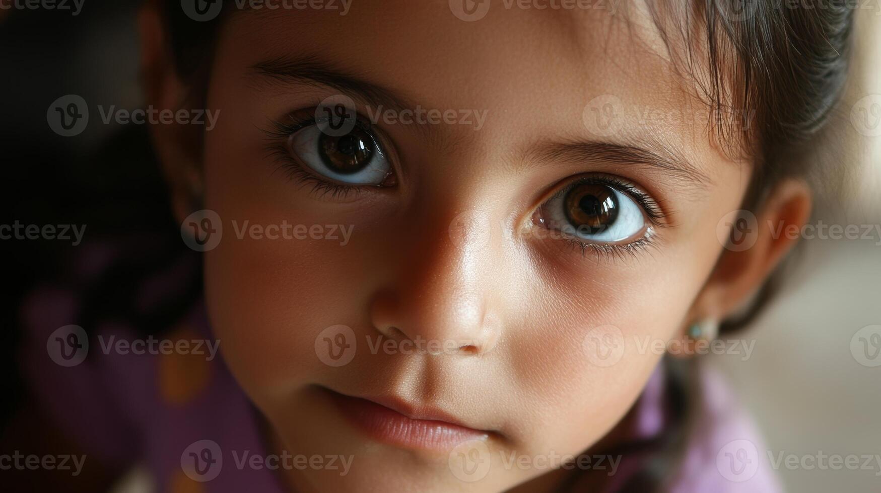 Young girl with large brown eyes gazes warmly from a cozy interior in the afternoon light photo