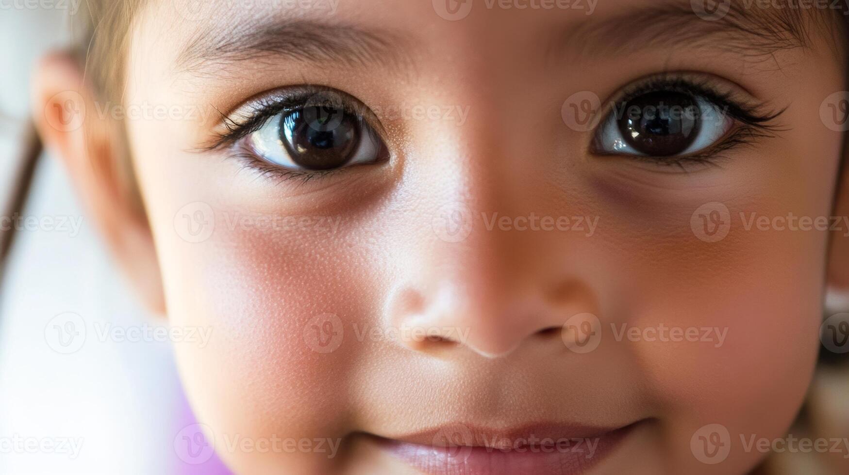 Close-up of a child with expressive eyes displaying innocence and curiosity in natural light photo