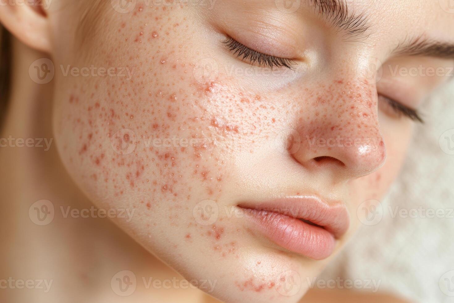 Close-up of a person with acne on their face showcasing skin texture and imperfections in a natural light setting photo