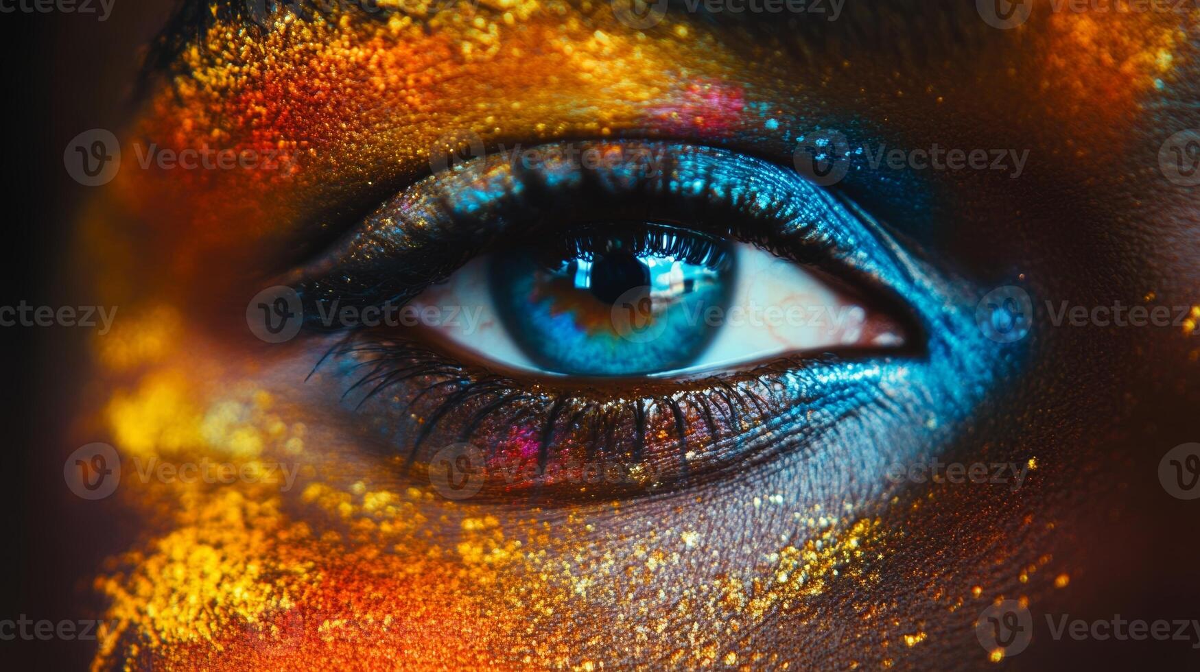Close-up of vibrant eye adorned with colorful makeup in artistic expression photo