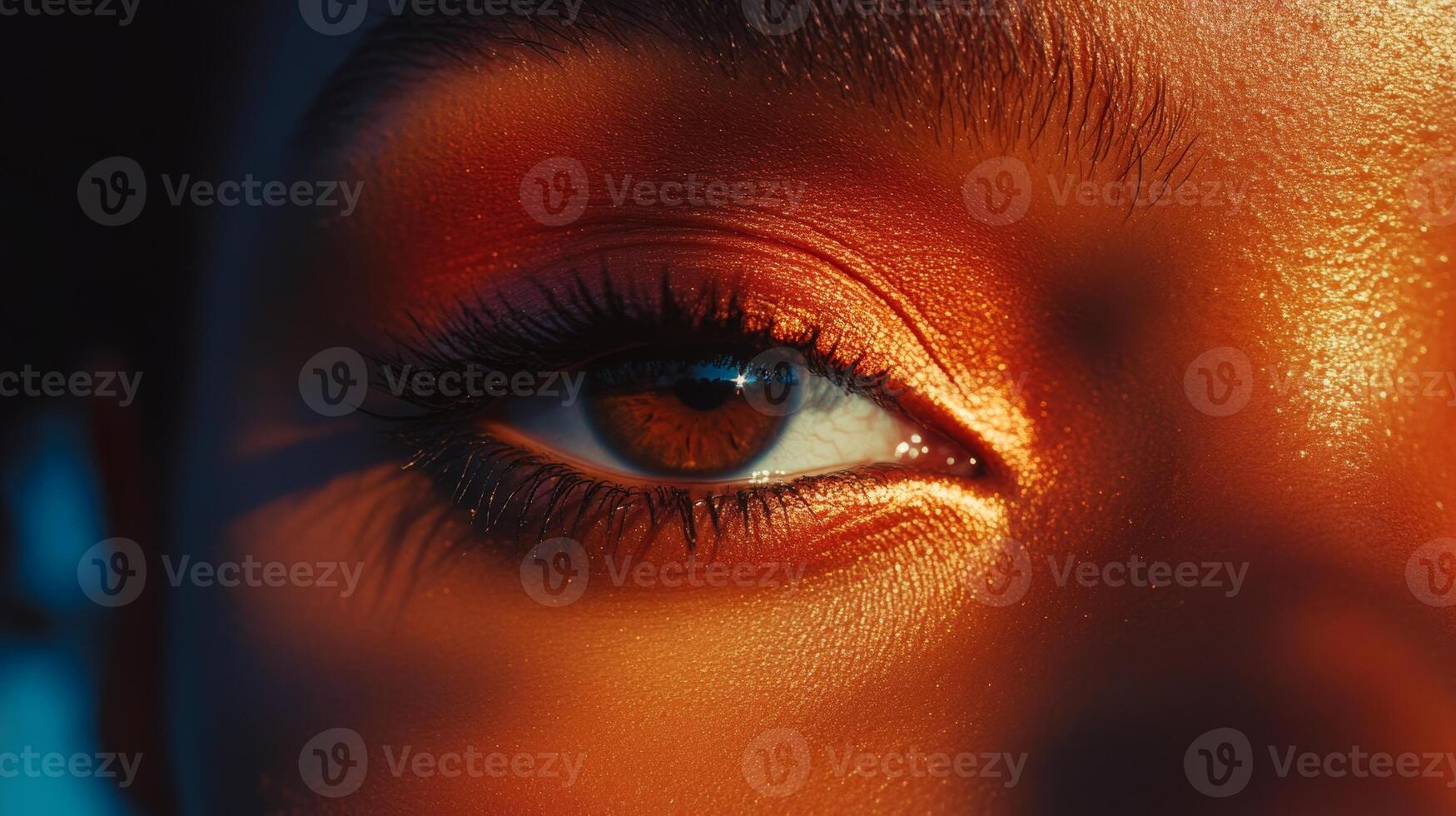 Close-up of an expressive eye with vibrant makeup highlighting features in bright sunlight photo