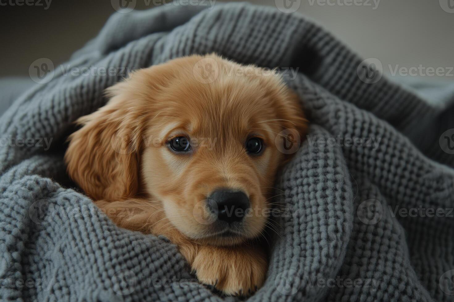 Cozy golden retriever puppy wrapped in a soft blanket relaxing indoors on a calm afternoon photo