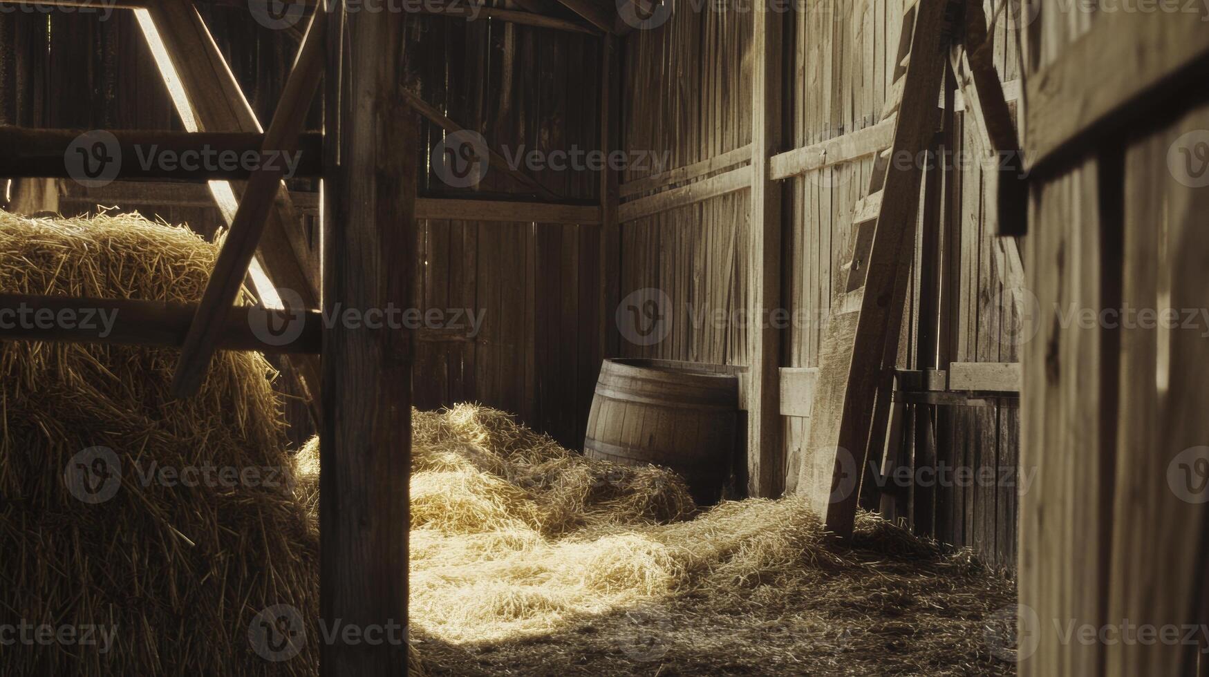 Rustic barn interior showcasing straw, wooden beams, and a barrel, creating a warm, inviting atmosphere for farm life and agriculture concept photo