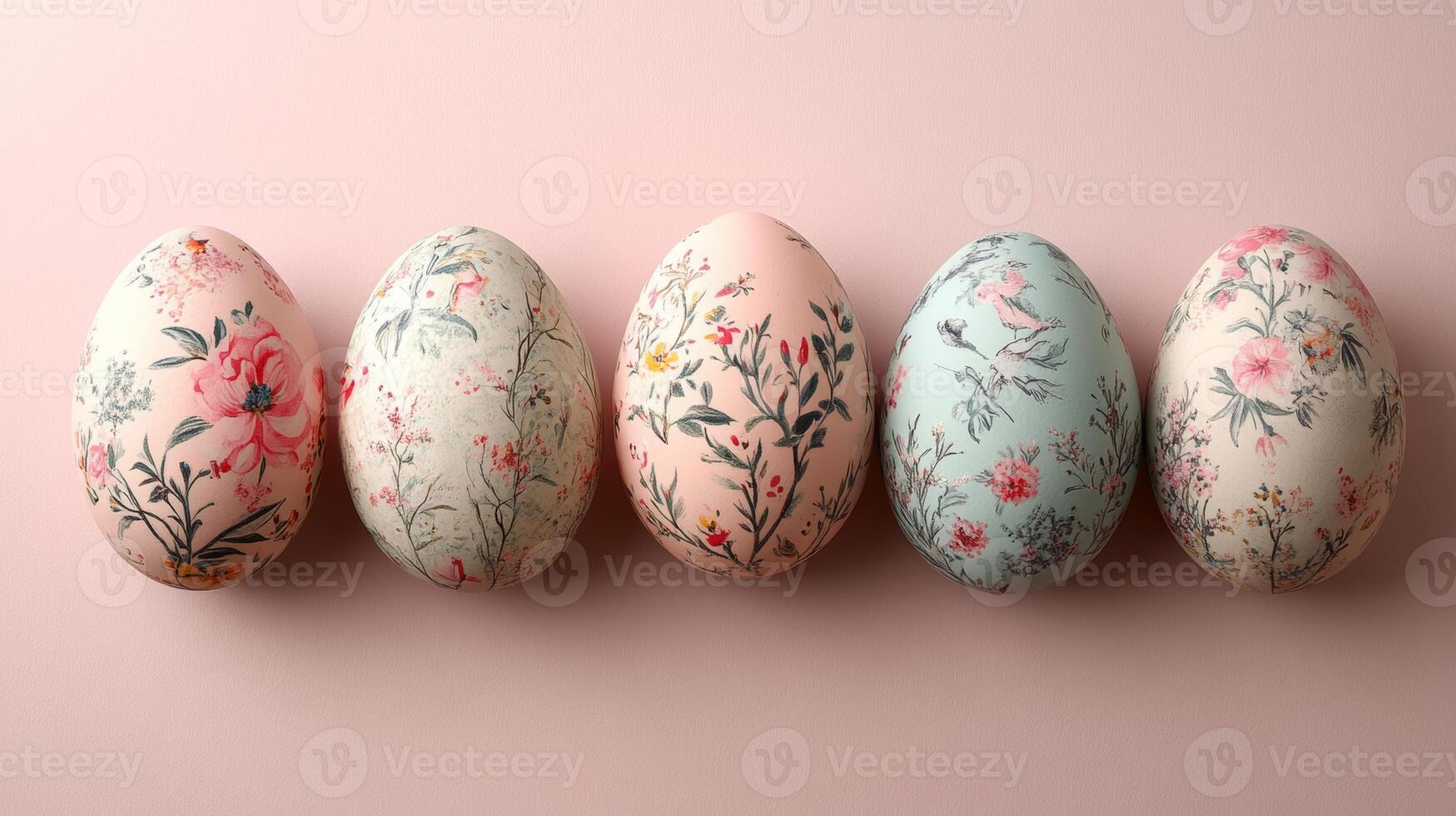 Decorative Easter eggs with floral patterns arranged on a soft pink background showcasing vibrant colors and intricate designs for festive celebrations concept photo