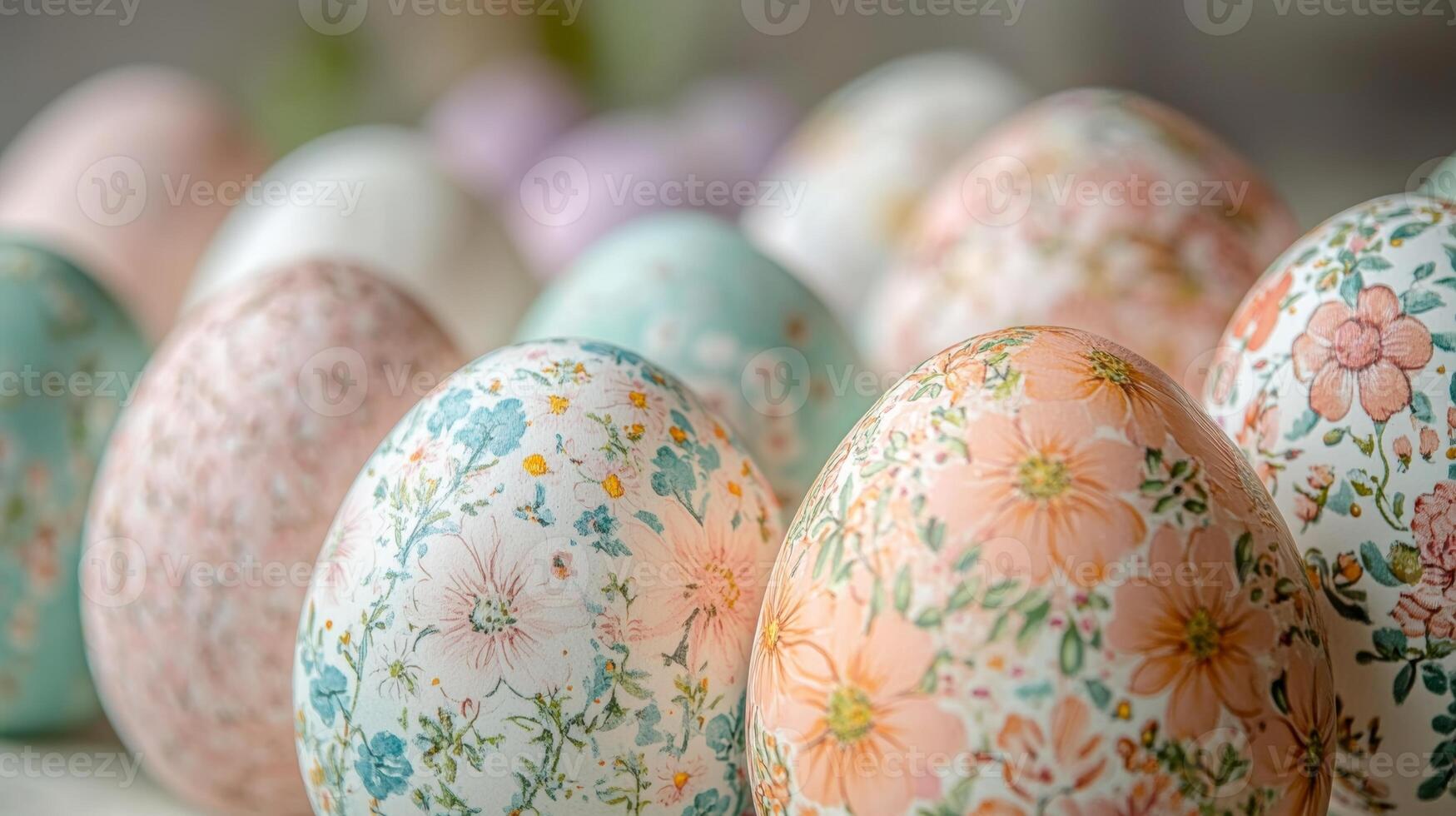 Decorative Easter eggs in pastel colors arranged beautifully on a table showcasing floral patterns and intricate designs for a festive celebration concept photo