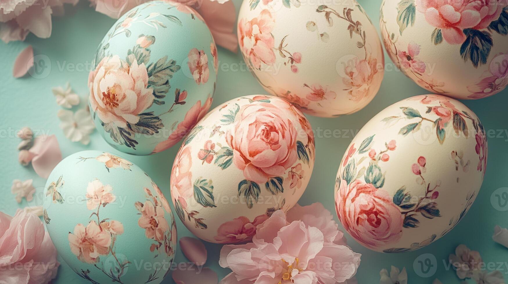 Decorative Easter eggs with floral patterns arranged on a soft background, showcasing vibrant colors and intricate designs, perfect for spring celebrations, Easter decor concept photo