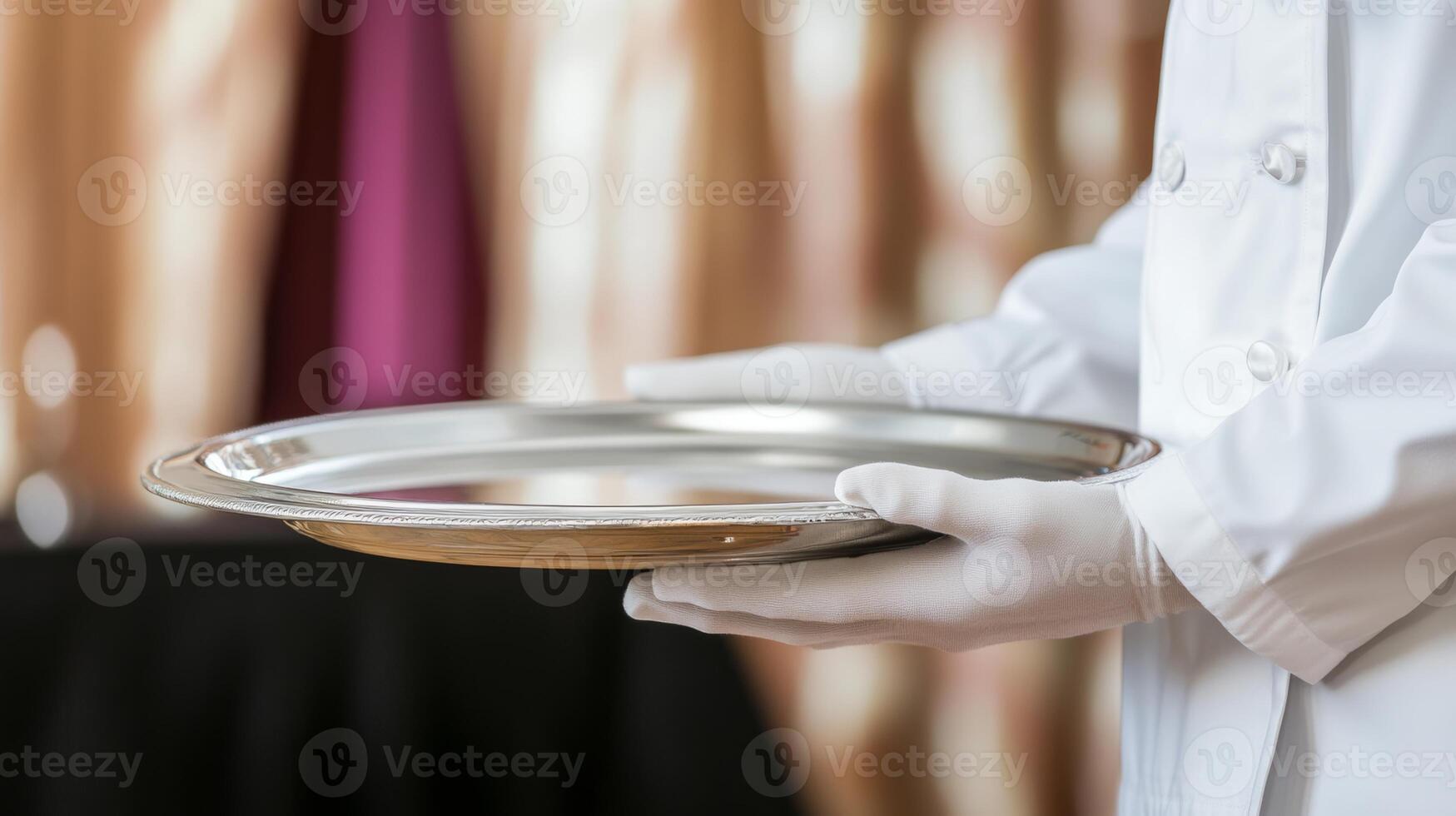 Professional waiter serving food on a silver tray in an elegant restaurant setting showcasing hospitality and fine dining experience concept photo