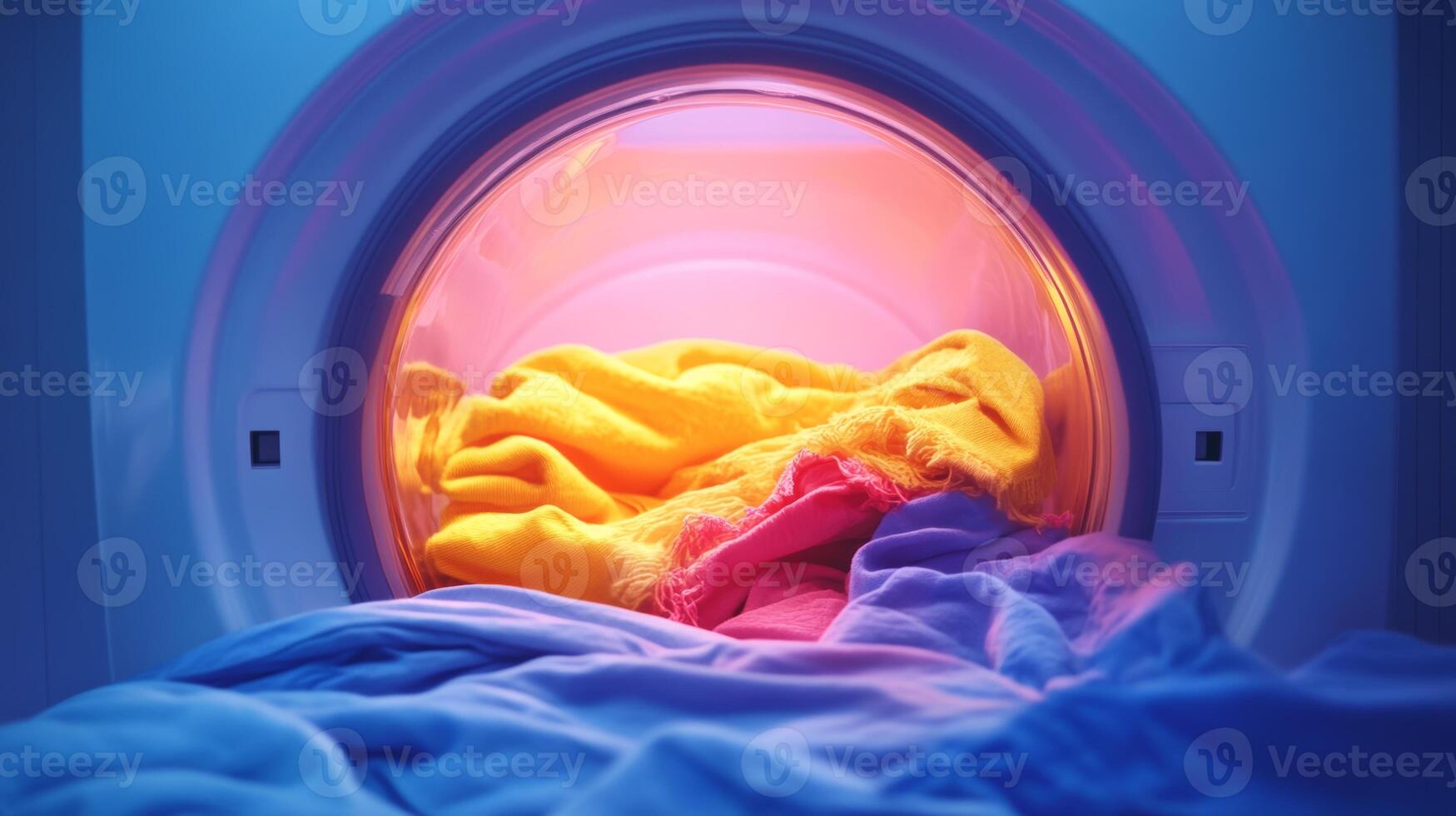 Colorful laundry inside a washing machine drum with vibrant hues of yellow and blue creating a visually appealing scene, laundry concept photo
