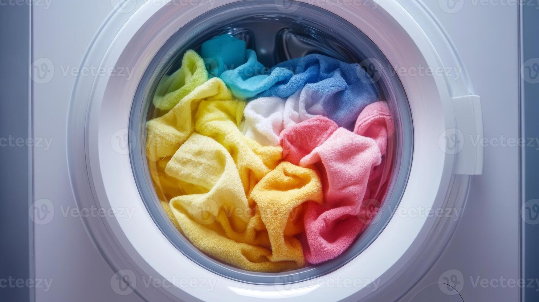 Colorful Laundry Inside Washing Machine Drum, Vibrant Textiles in Circular View, Domestic Chores, Clean Clothes, Household Tasks, Laundry Day, Washing Process, Home Care, Fabric Care photo
