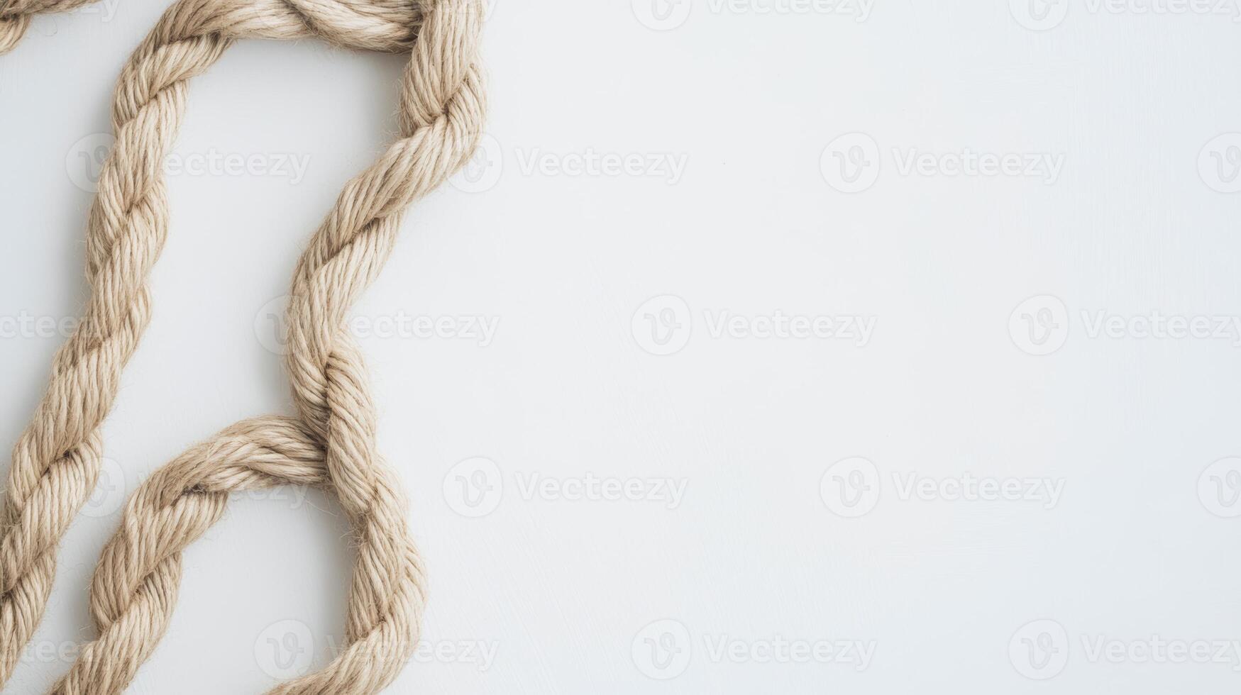 Twisted jute rope forming a loop resting gently on a white background showcasing its texture and natural color photo