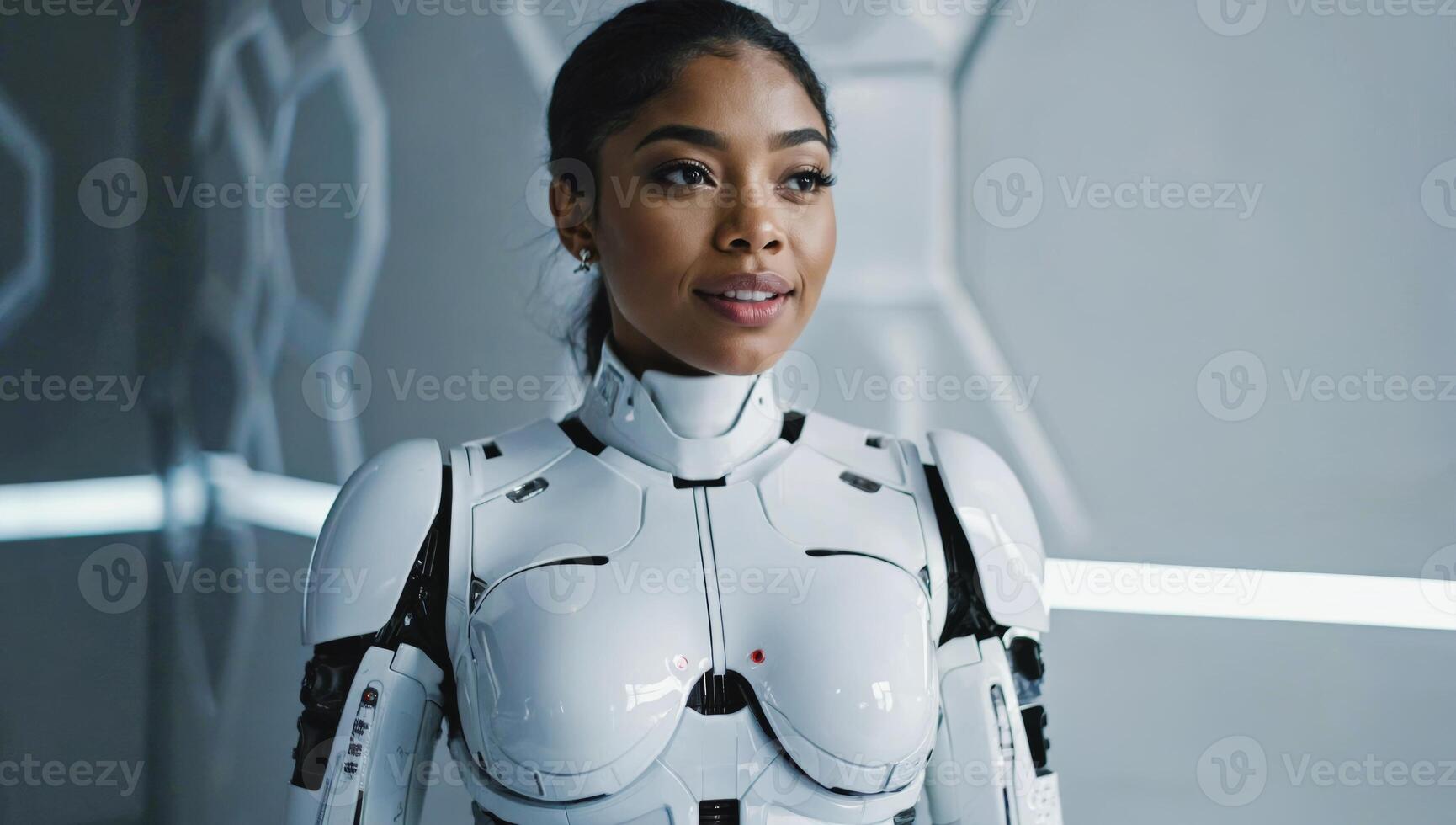 Futuristic humanoid robot interacting in a sleek technological environment during a creative project photo