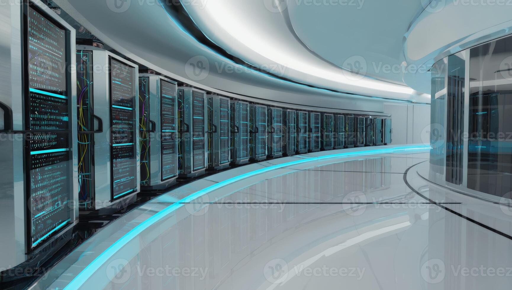 Modern data center with sleek design and advanced technology featuring rows of servers photo