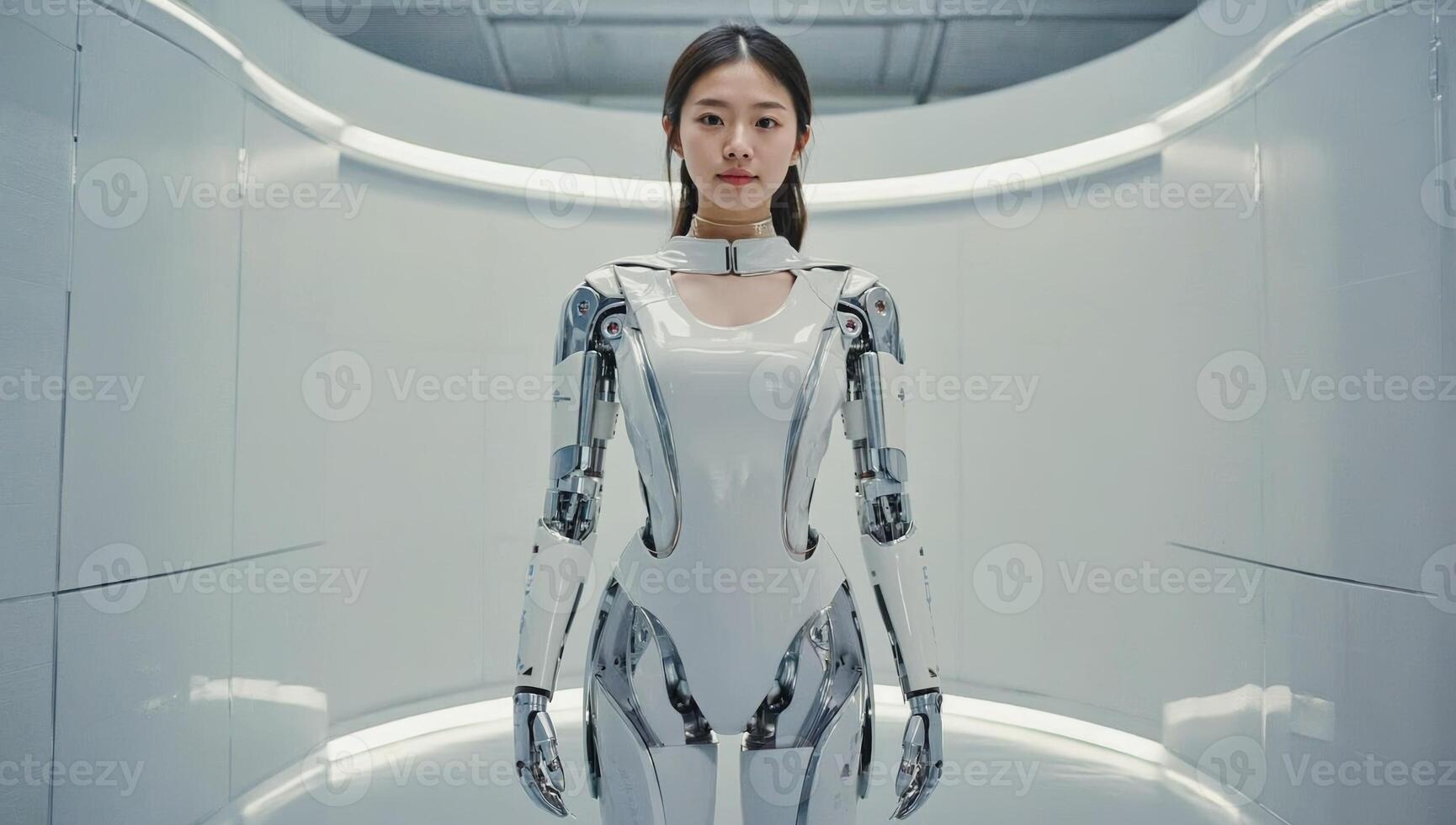 Futuristic humanoid robot stands in sleek corridor showcasing advanced robotics and technology photo