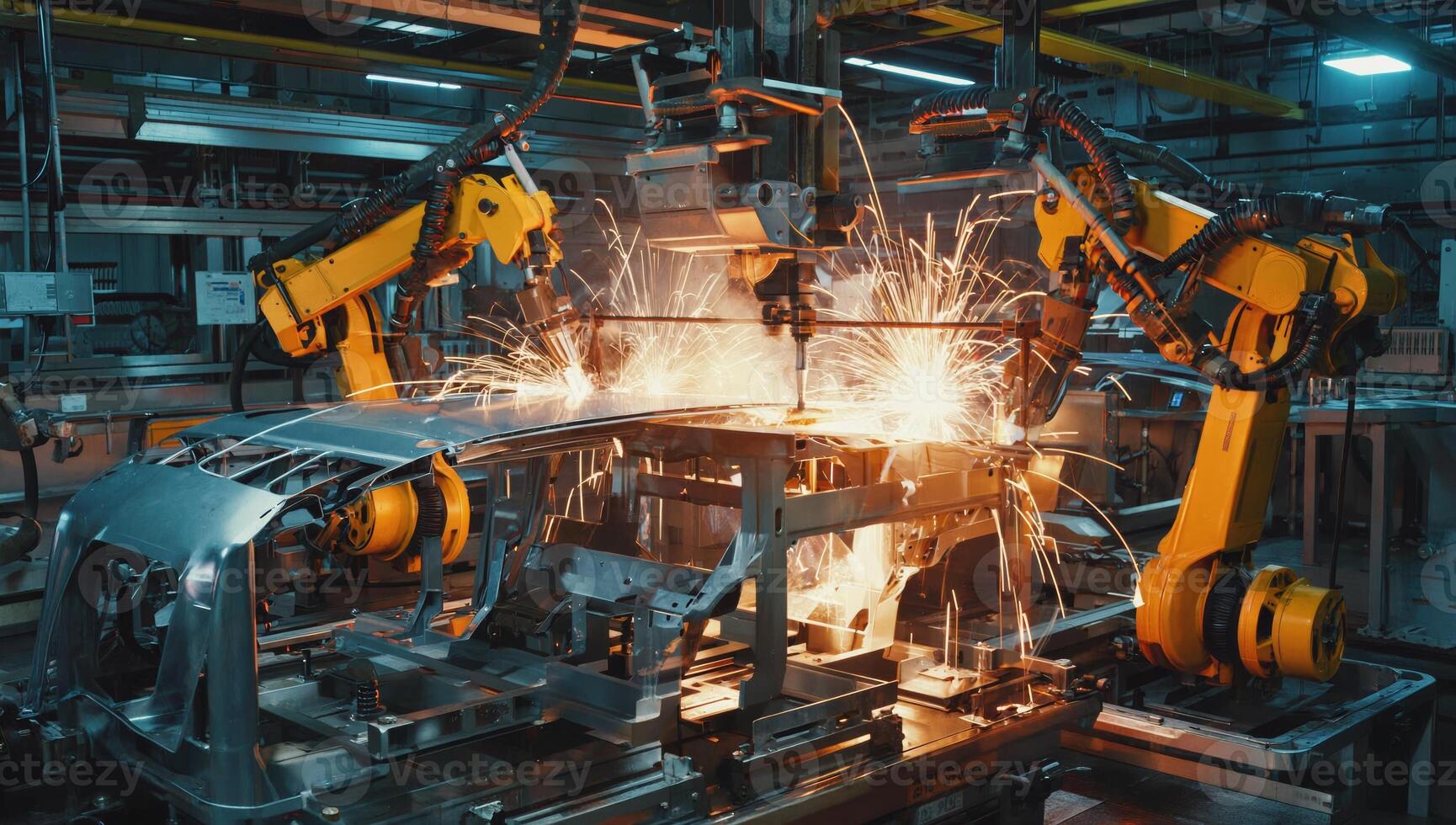 Automation in automotive manufacturing showcases robots welding and assembling metal components in a factory photo
