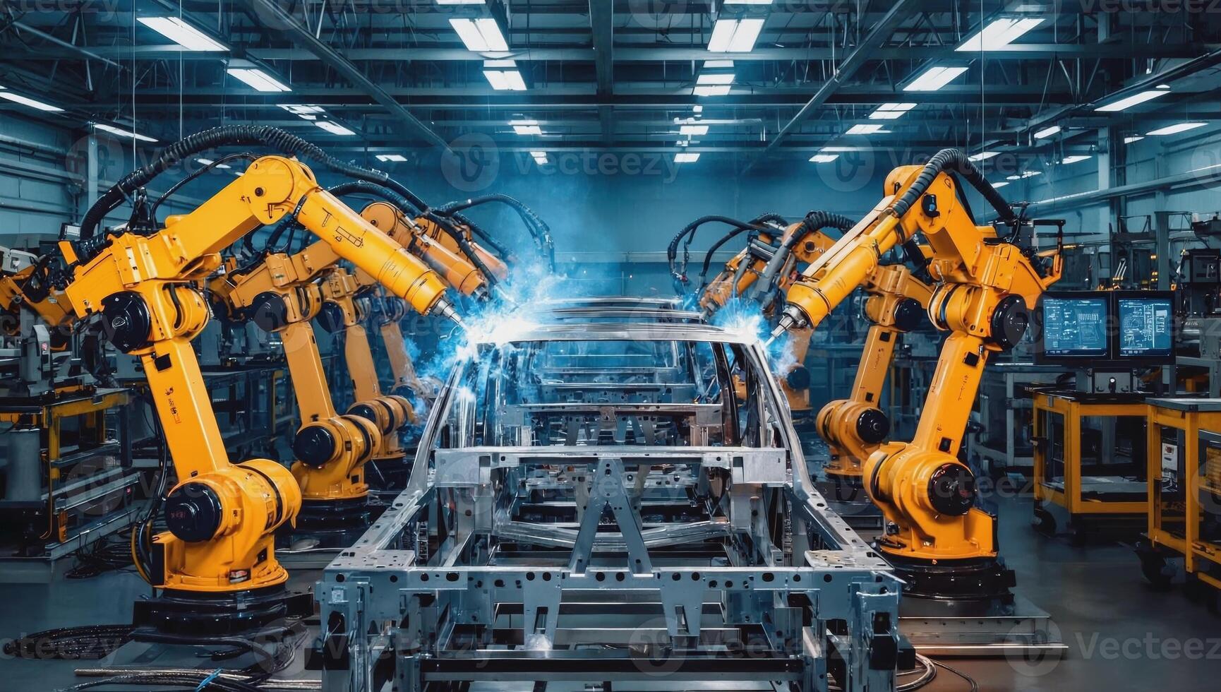 Industrial robots weld metal components in an automotive manufacturing plant during daytime operations photo