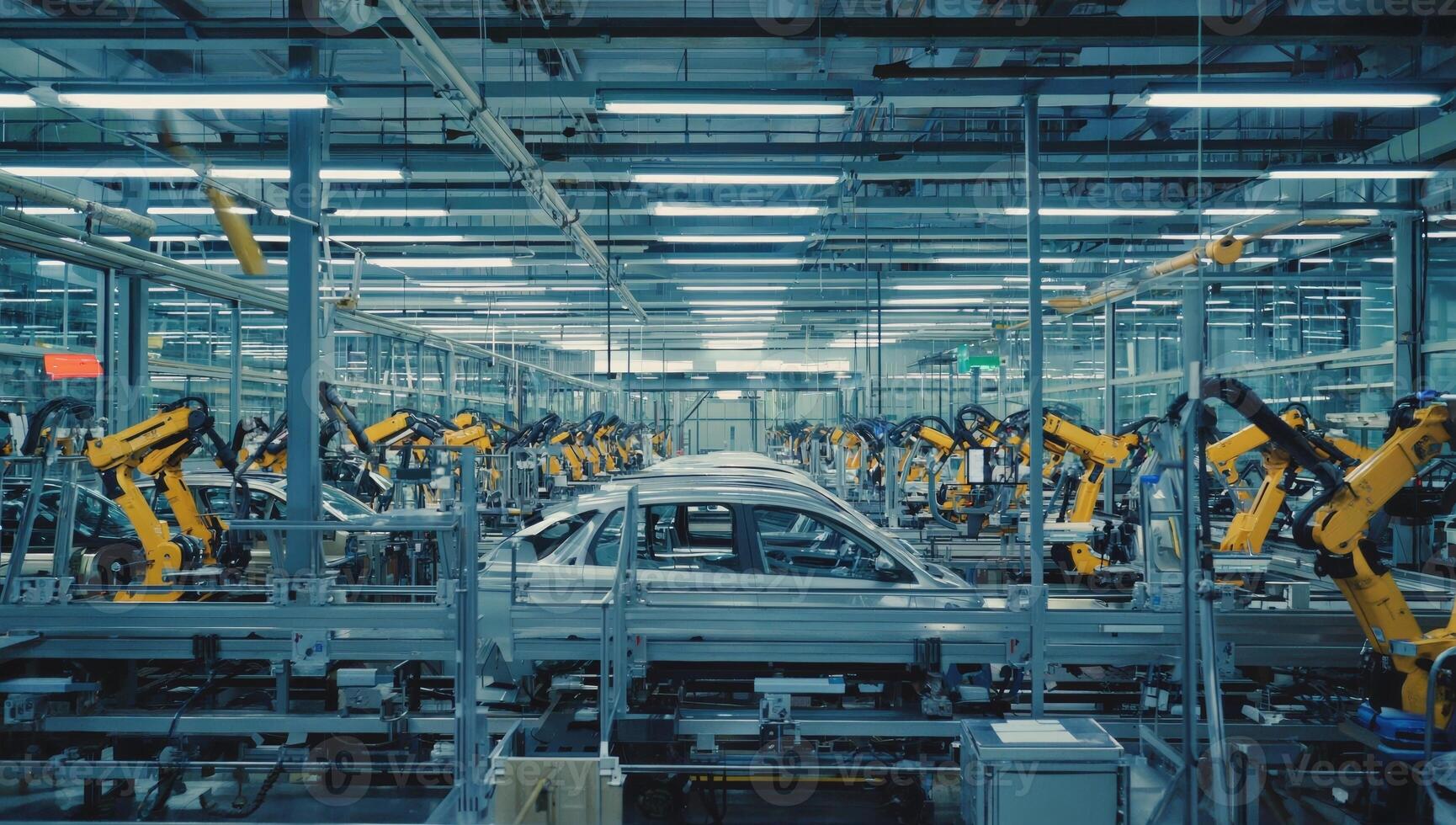 Manufacturing assembly line features robotic arms working on car production in a modern facility photo