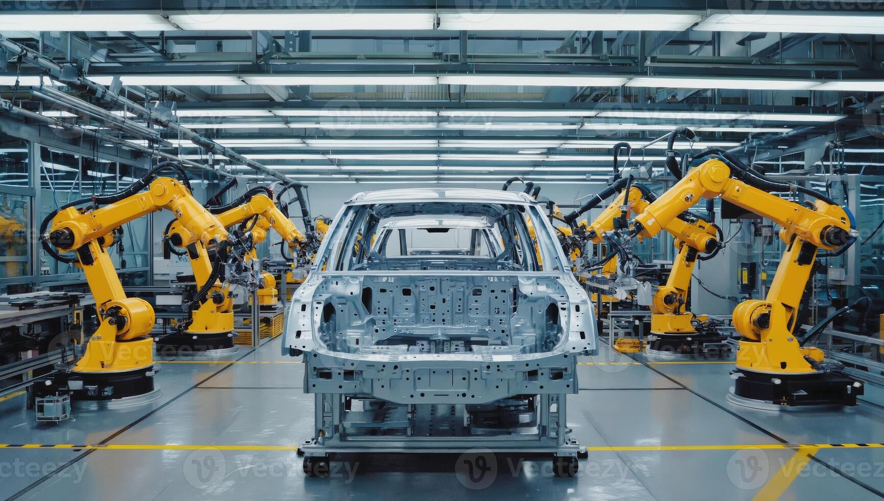 Production line with robotic arms assembling vehicle chassis in a modern facility photo