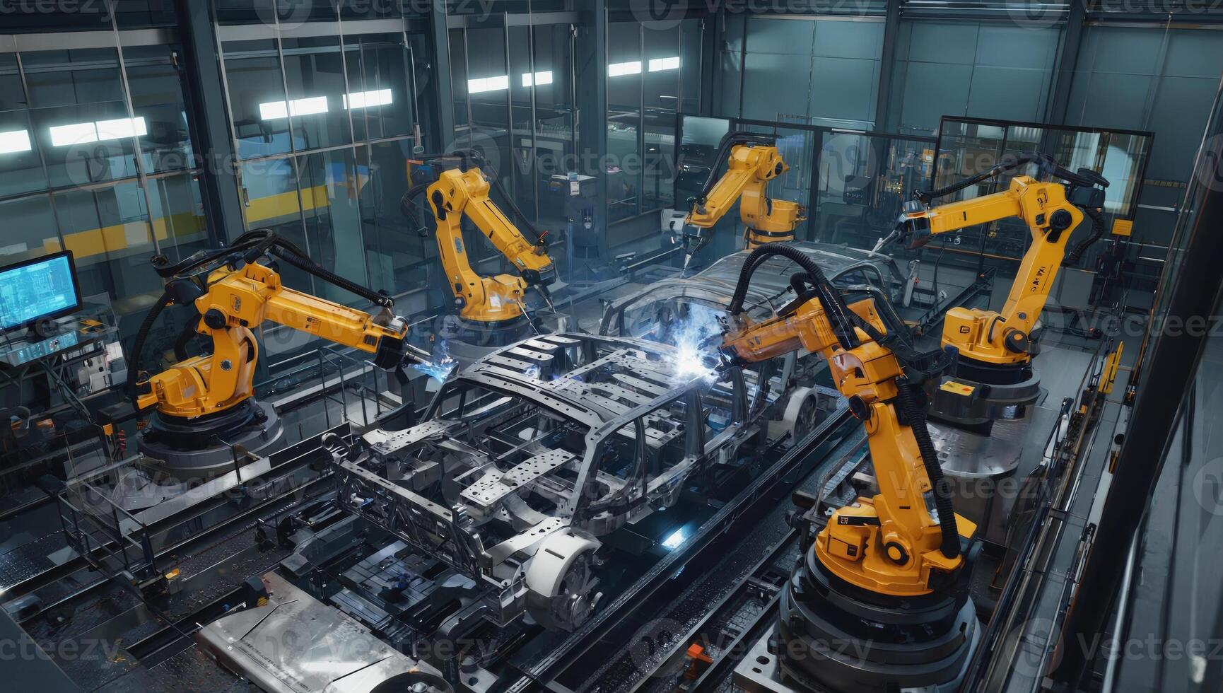 Robotic arms perform automotive assembly in high-tech manufacturing facility photo