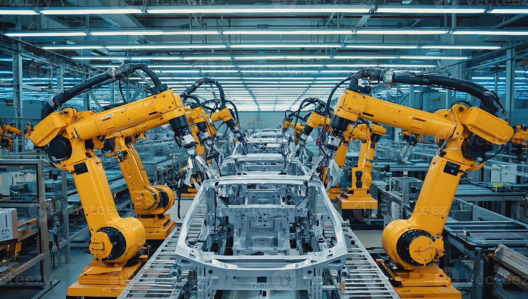 Advanced robotic arms assembling vehicle frames in a modern manufacturing facility photo
