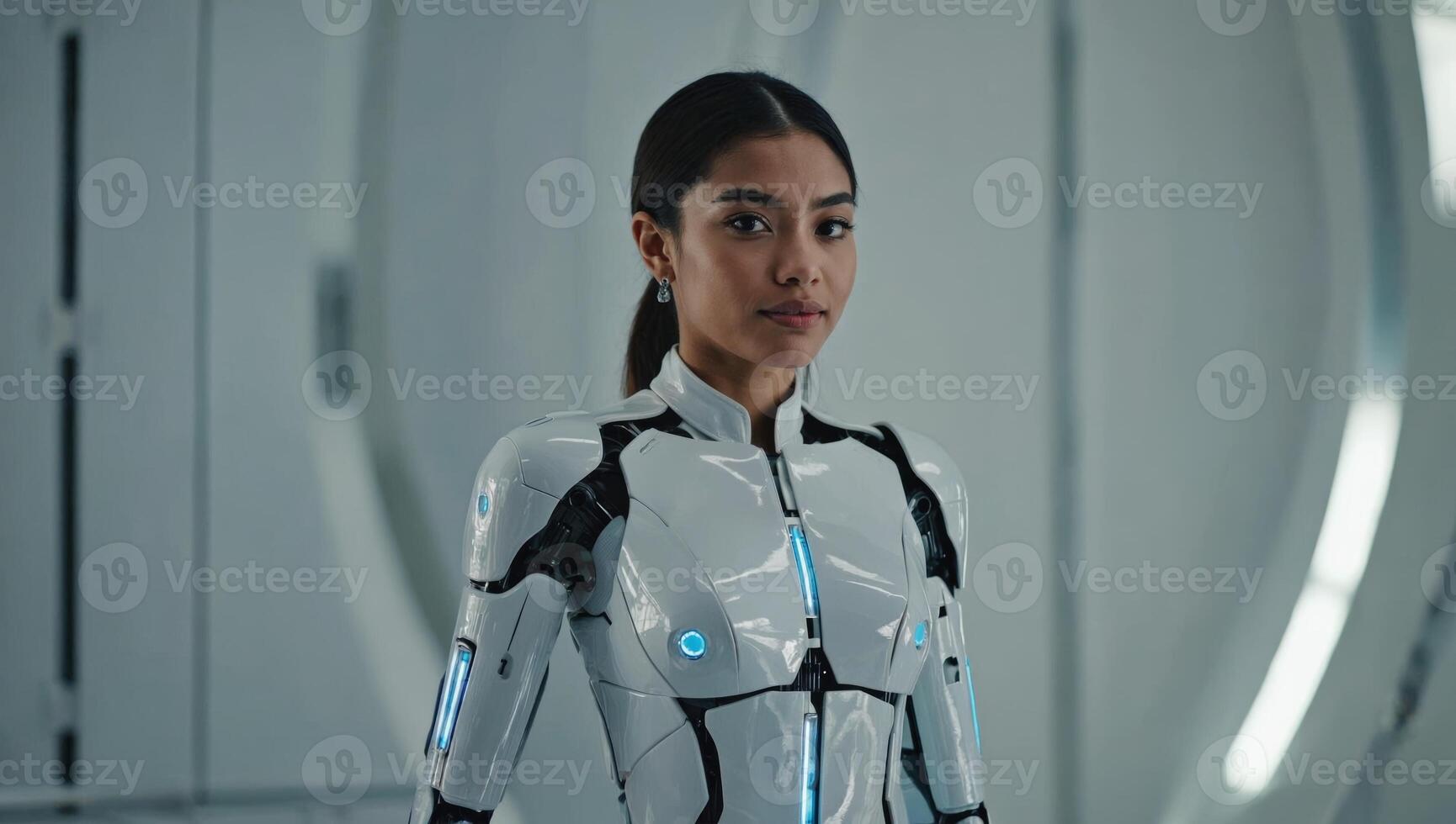 Young woman in advanced futuristic suit stands confidently in a sleek, high-tech environment photo