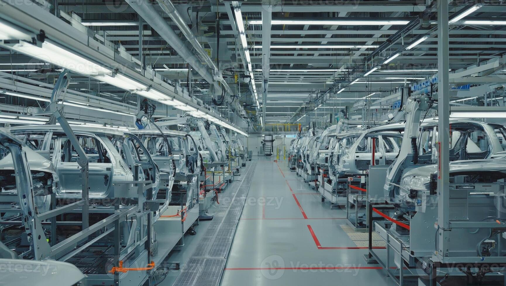 Car assembly line showcasing worker efficiency in a modern manufacturing facility during daylight hours photo