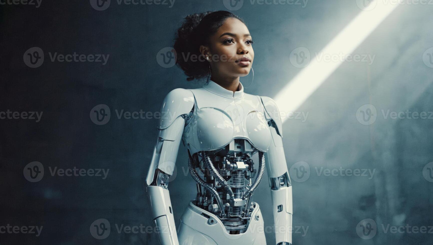 Futuristic humanoid robot standing in a high-tech environment with dramatic lighting photo