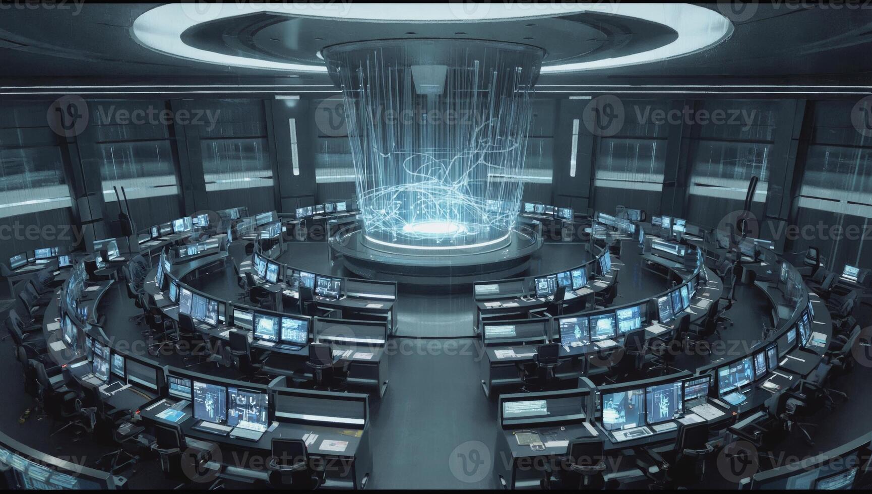 Futuristic command center filled with advanced technology and multiple computer screens photo