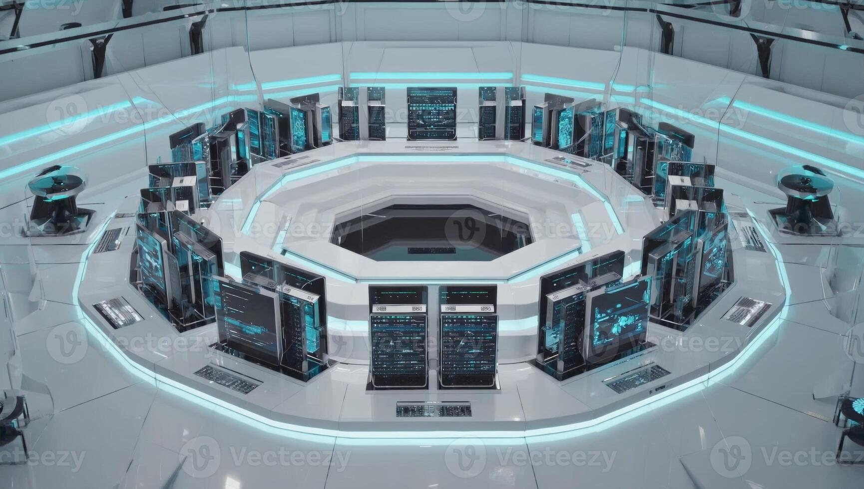 Futuristic technology control center with multiple screens and a circular layout showcasing advanced digital interfaces photo